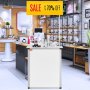VEVOR promotion counter showcasing cosmetics, set in a stylish store with a sale sign offering up to 70% off.