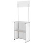 white VEVOR promotion counter with overhead sign and shelf, ideal for trade shows and marketing events.