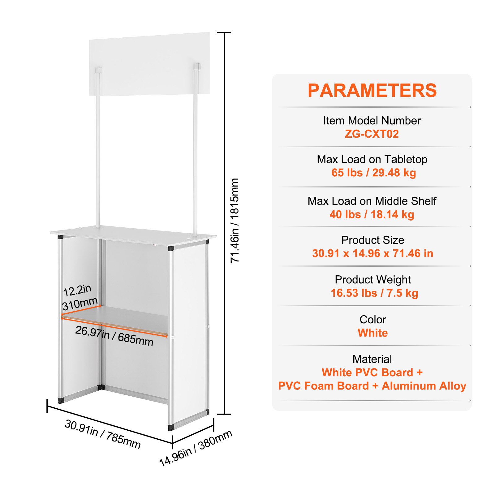 VEVOR promotion counter dimensions and specs: 30.91x14.96x71.46 in, max load 65 lbs tabletop, 40 lbs shelf.