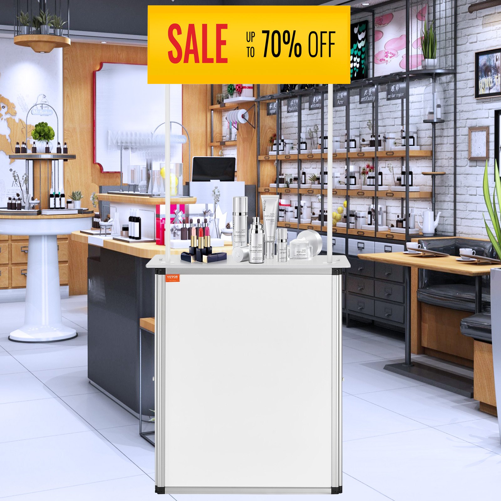 VEVOR promotion counter showcasing cosmetics, set in a stylish store with a sale sign offering up to 70% off.