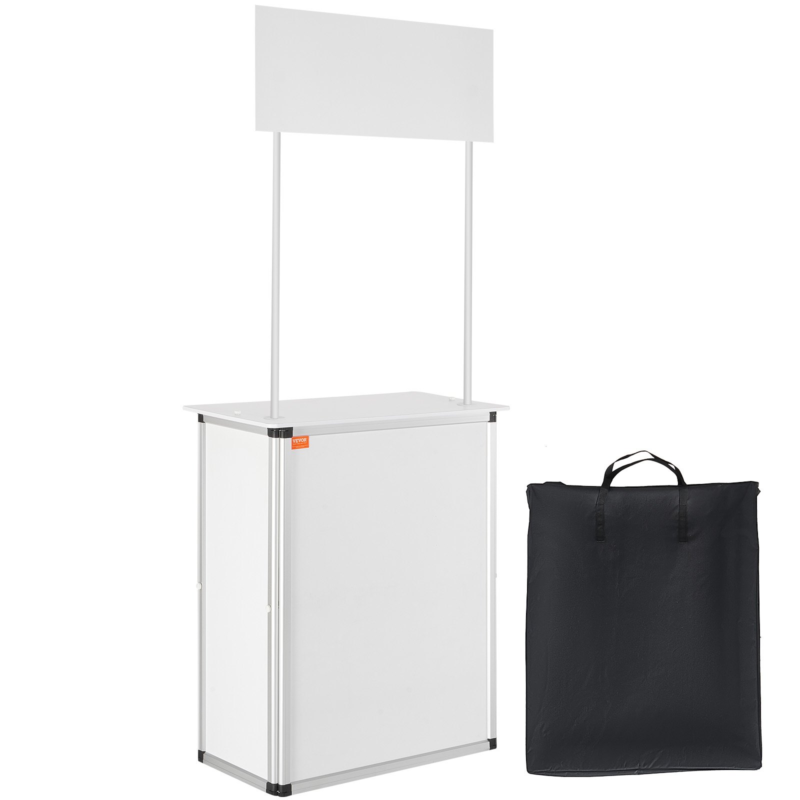 VEVOR promotion counter, white display booth with rectangular banner, includes black carrying case.