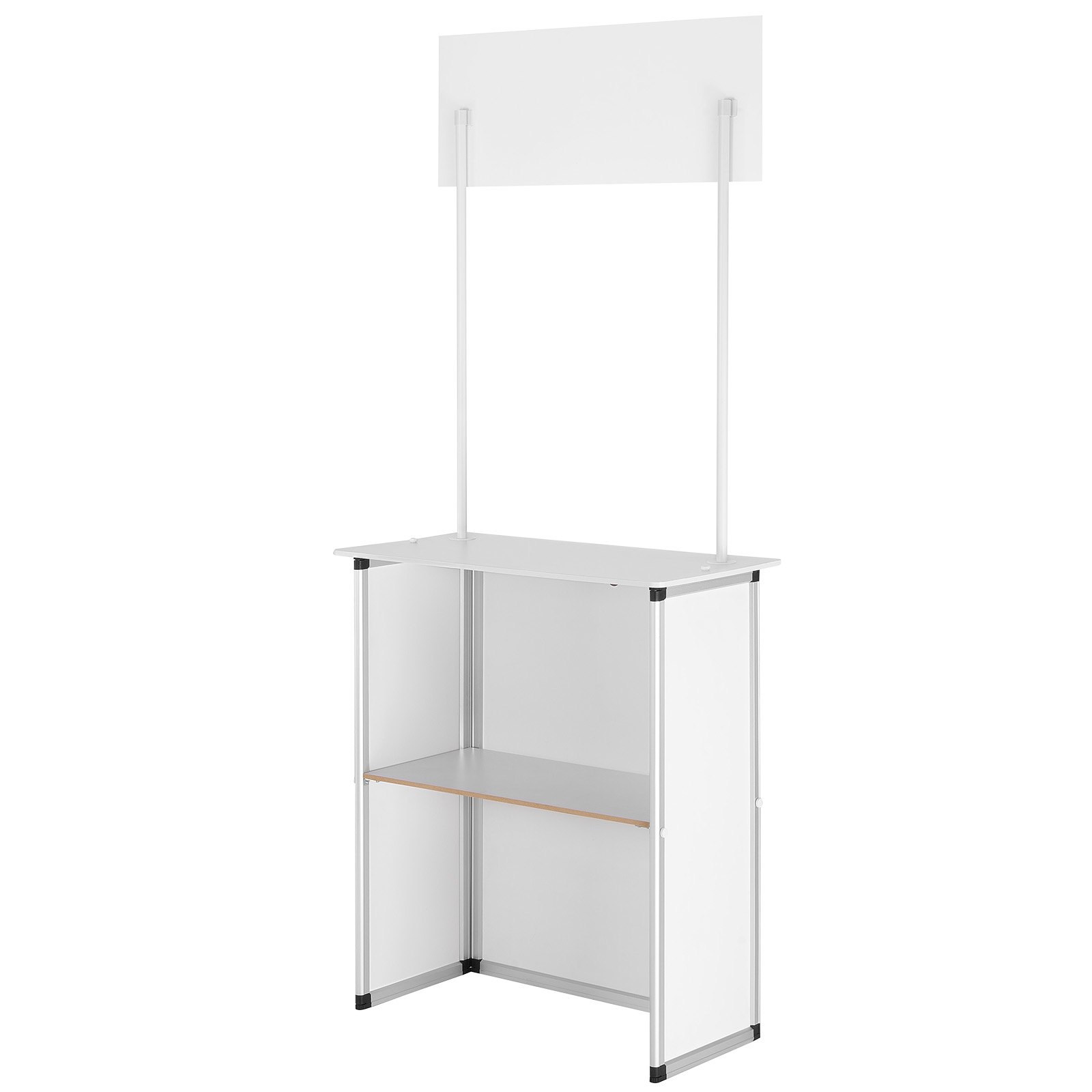 white VEVOR promotion counter with overhead sign and shelf, ideal for trade shows and marketing events.