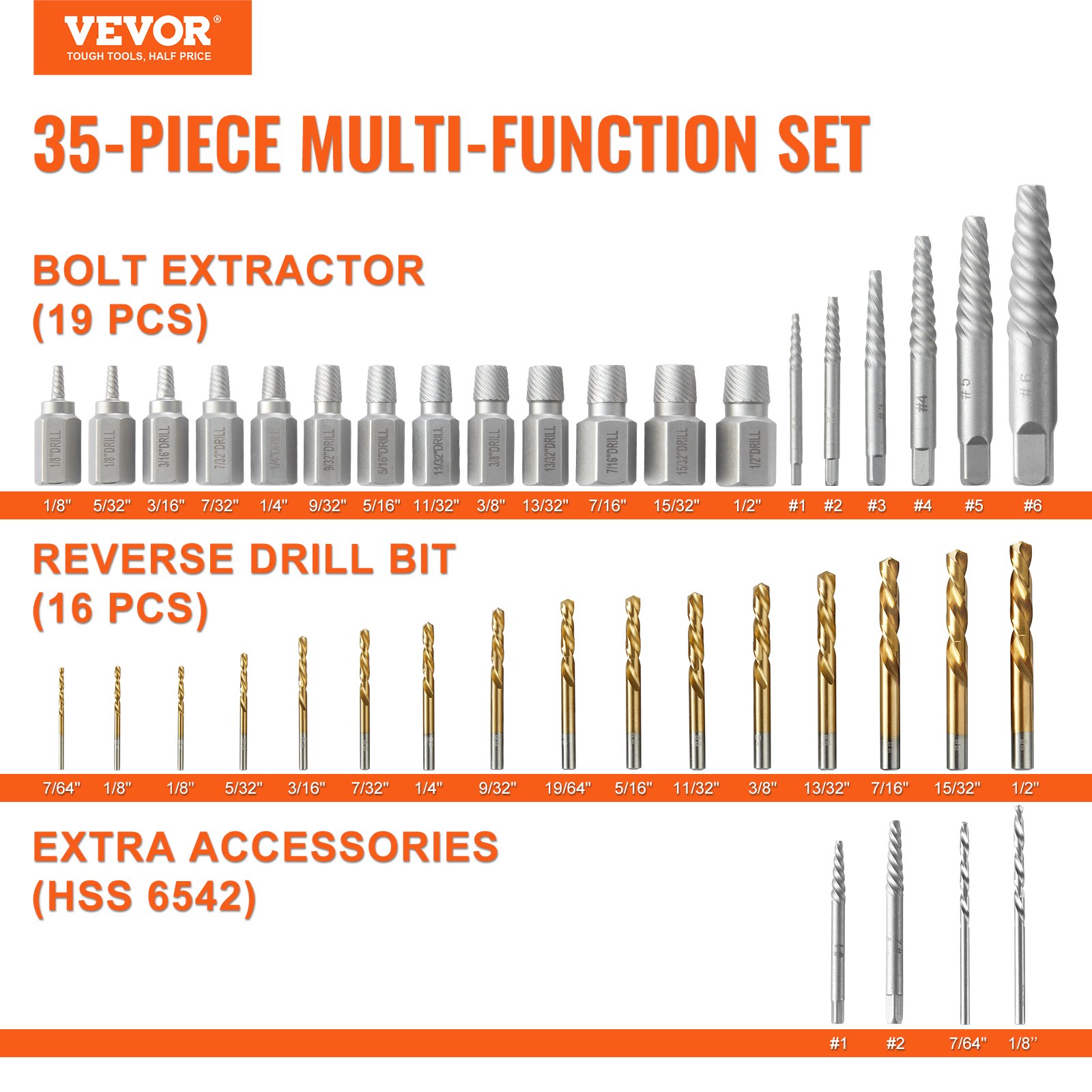 VEVOR Screw Extractor with Drill Bit Set, 35-Piece Bolt Extractor Kit, 19 PCS Bolt Extractors and 16 PCS Reverse HSS Drill Bits, with Storage Case, for Removing Damaged Bolts, Screws, and Nuts