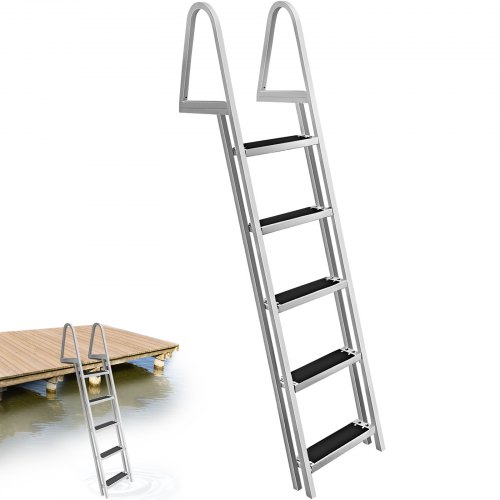 VEVOR Removable Dock Ladder with Rubber Mat, Pontoon Boat Ladder with Mounting Hardware, Swim Ladder Aluminum 5 Step, Each Step 16" x 4", 350Lbs Load, for Lake, Marine Boarding, Pool