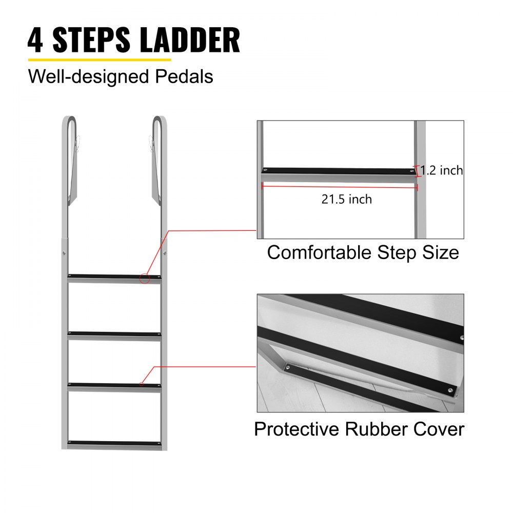 VEVOR Escaleras de muelle abatibles, escalera de muelle con alfombrilla de goma, escalera de baño de aluminio de 4 escalones, cada escalón de 21,5 pulgadas, carga de 350 libras, para lago, embarque marino, piscina