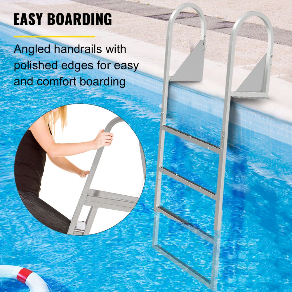 VEVOR Escaleras de muelle abatibles, escalera de muelle con alfombrilla de goma, escalera de baño de aluminio de 4 escalones, cada escalón de 21,5 pulgadas, carga de 350 libras, para lago, embarque marino, piscina