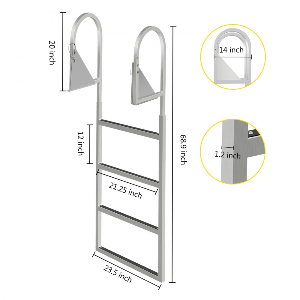 VEVOR Escaleras de muelle abatibles, escalera de muelle con alfombrilla de goma, escalera de baño de aluminio de 4 escalones, cada escalón de 21,5 pulgadas, carga de 350 libras, para lago, embarque marino, piscina
