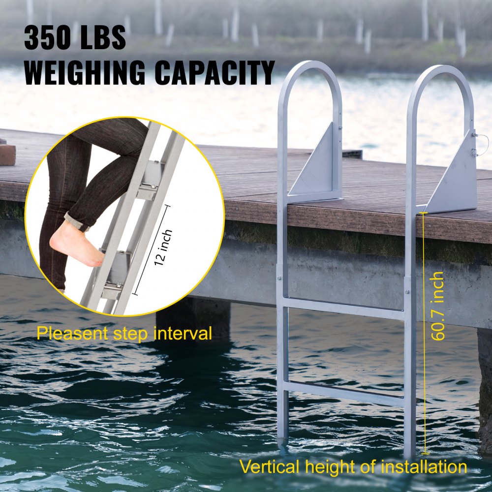 VEVOR Escaleras de muelle abatibles, escalera de muelle con alfombrilla de goma, escalera de baño de aluminio de 5 escalones, cada escalón 21.5" x 1.2", carga de 350 libras, para lago, embarque marino, piscina