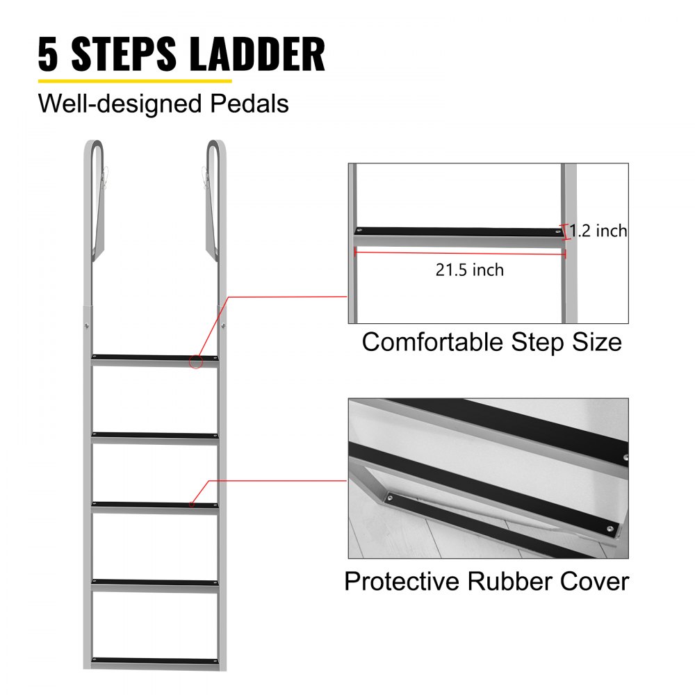 VEVOR Escaleras de muelle abatibles, escalera de muelle con alfombrilla de goma, escalera de baño de aluminio de 5 escalones, cada escalón 21.5" x 1.2", carga de 350 libras, para lago, embarque marino, piscina