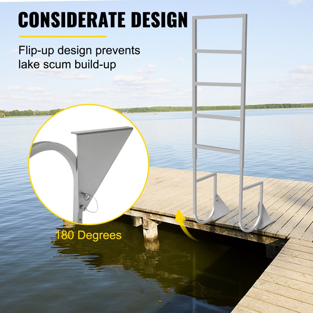 VEVOR Escaleras de muelle abatibles, escalera de muelle con alfombrilla de goma, escalera de baño de aluminio de 5 escalones, cada escalón 21.5" x 1.2", carga de 350 libras, para lago, embarque marino, piscina