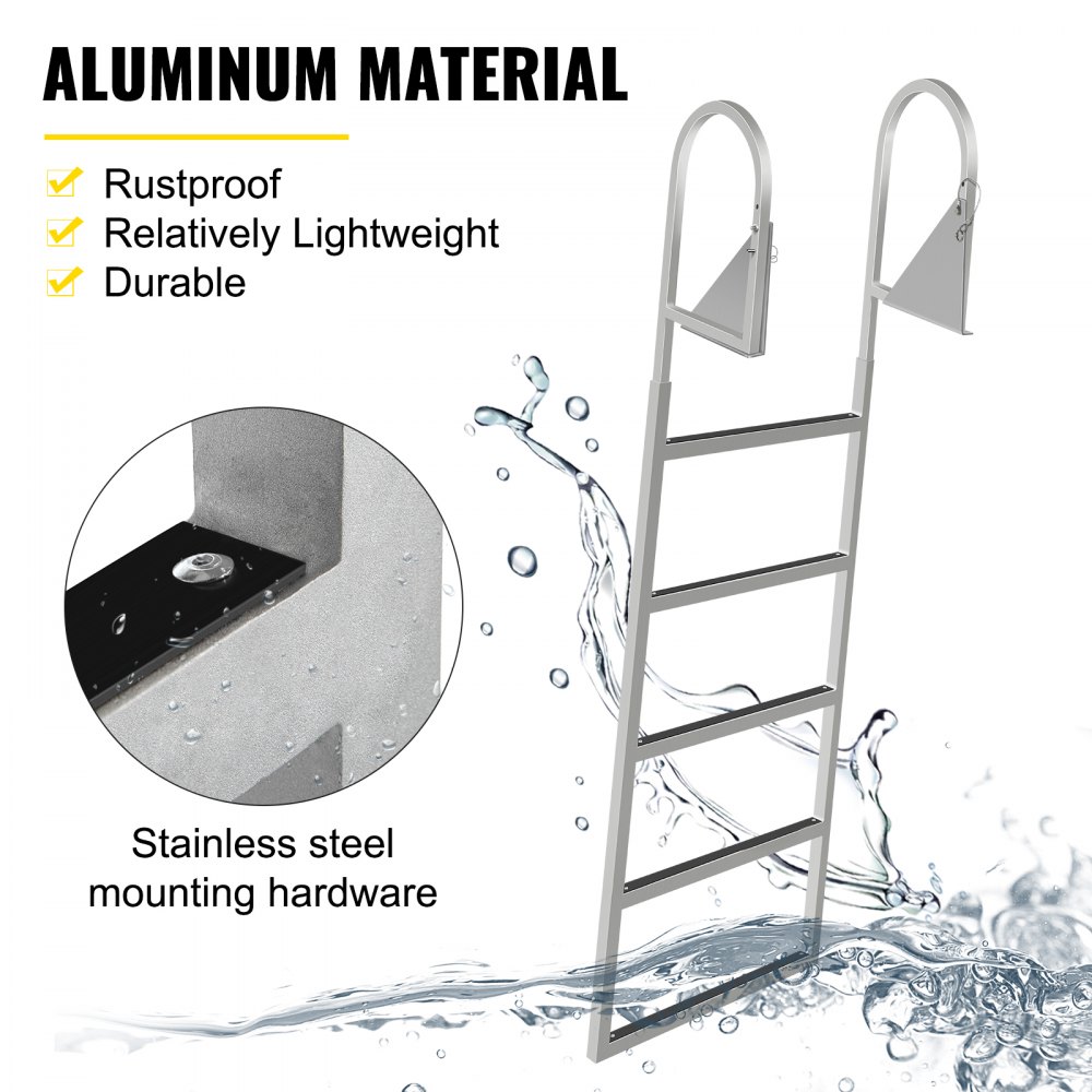 VEVOR Escaleras de muelle abatibles, escalera de muelle con alfombrilla de goma, escalera de baño de aluminio de 5 escalones, cada escalón 21.5" x 1.2", carga de 350 libras, para lago, embarque marino, piscina