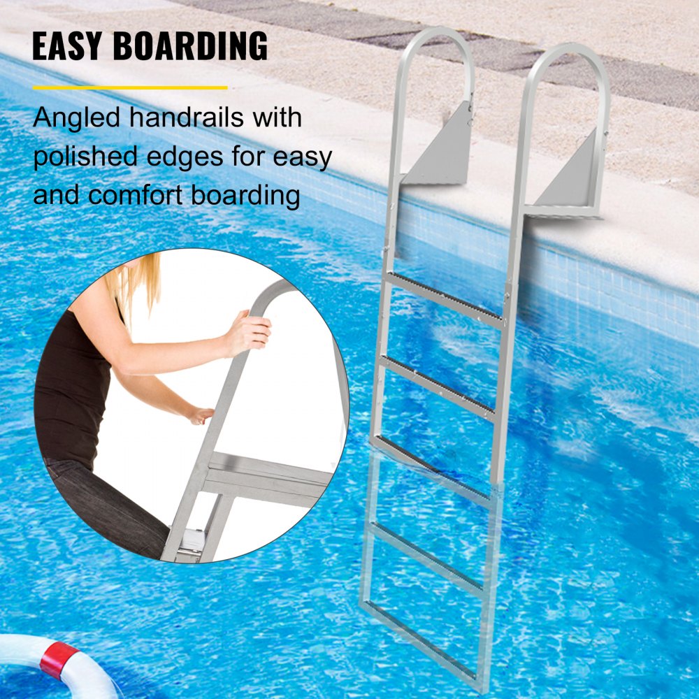 VEVOR Escaleras de muelle abatibles, escalera de muelle con alfombrilla de goma, escalera de baño de aluminio de 5 escalones, cada escalón 21.5" x 1.2", carga de 350 libras, para lago, embarque marino, piscina