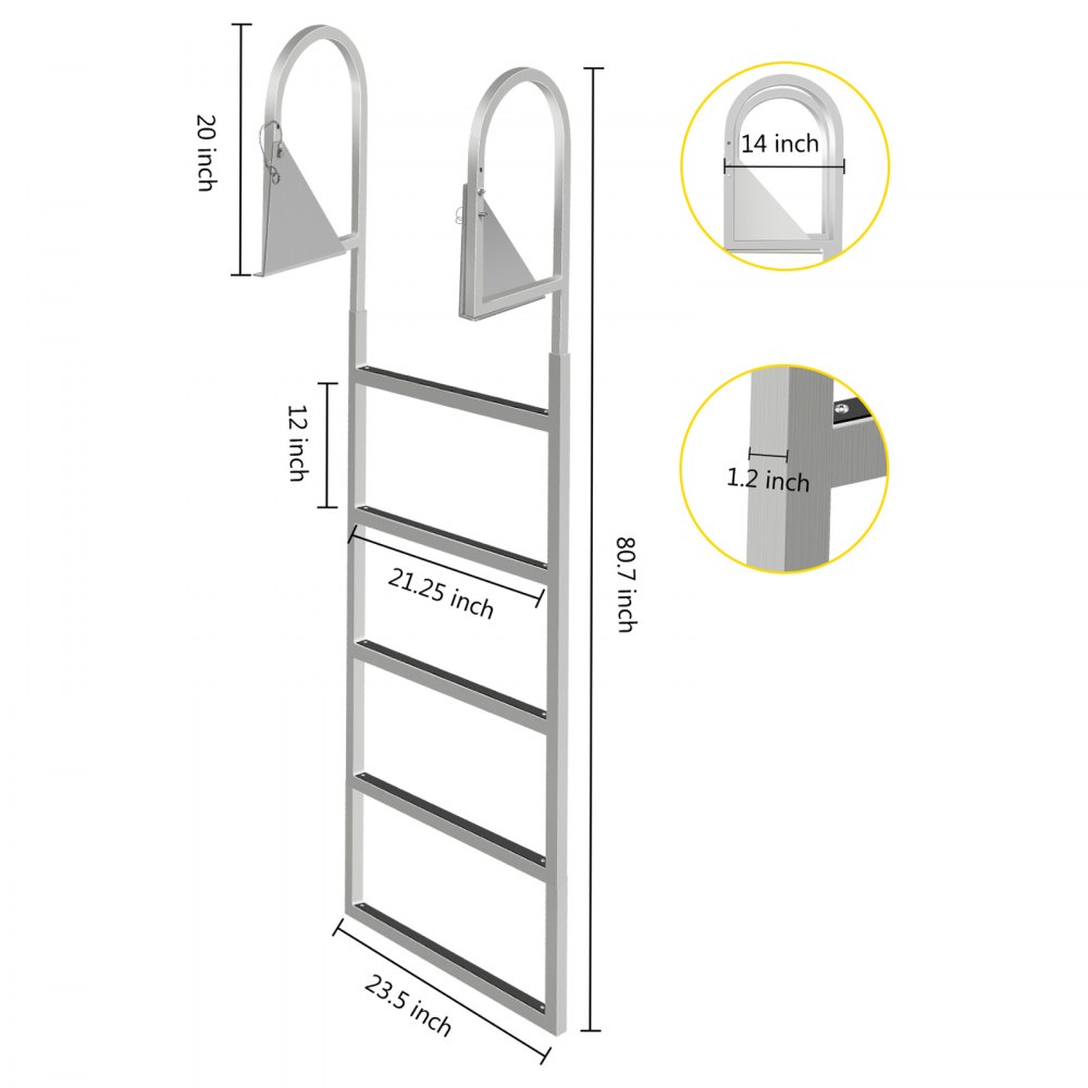VEVOR Escaleras de muelle abatibles, escalera de muelle con alfombrilla de goma, escalera de baño de aluminio de 5 escalones, cada escalón 21.5" x 1.2", carga de 350 libras, para lago, embarque marino, piscina