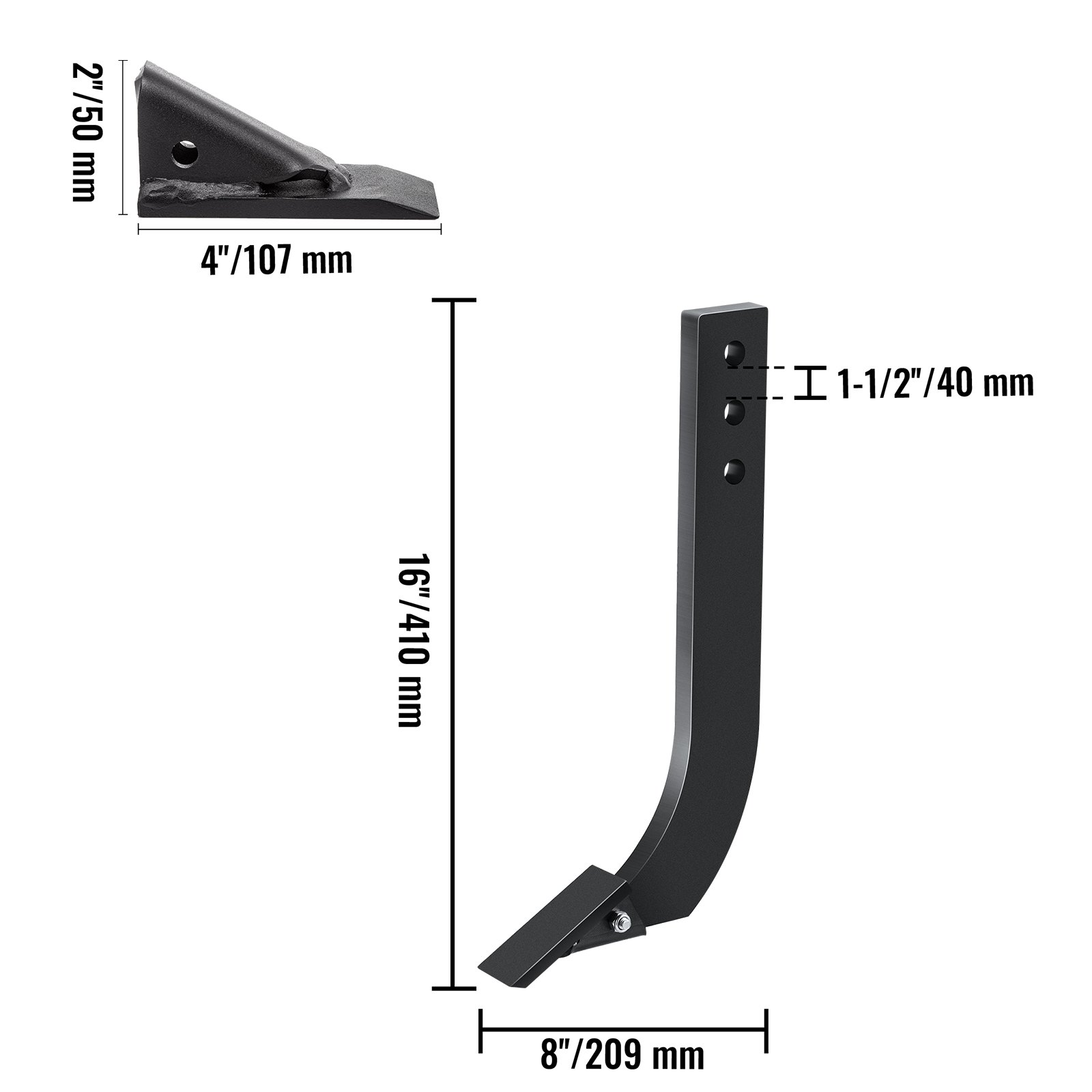 VEVOR box blade shank dimensions: 16&quot;/410 mm height, 8&quot;/209 mm width, 4&quot;/107 mm depth.