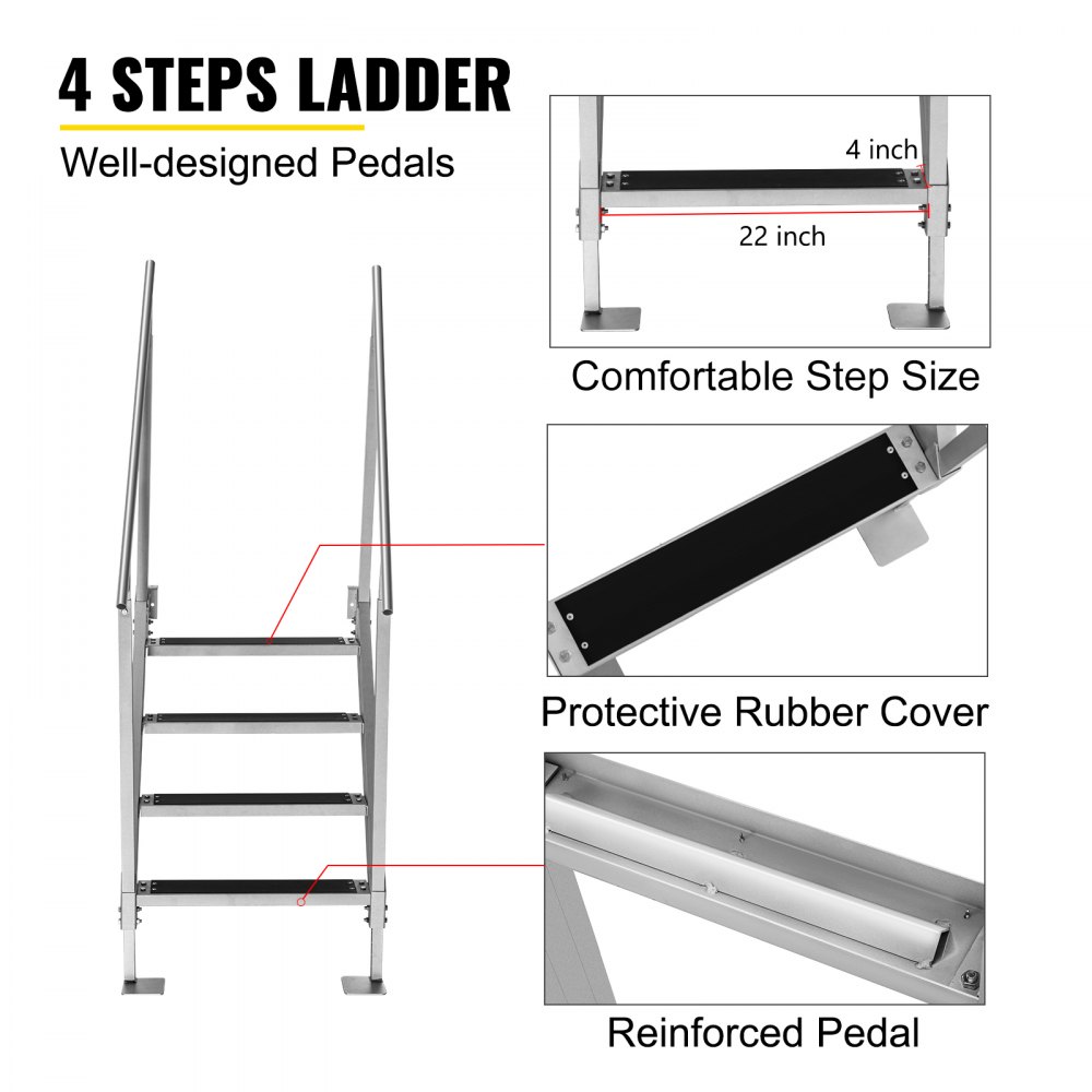 VEVOR 4 Steps Aluminum Dock Ladder, Boat Dock Ladder 558mm Wide Step, Aluminum Boat Ladder Removable Dock Stairs with Handrails, Welded Boarding Dock Ladder, Stainless Steel Mounting Hardware