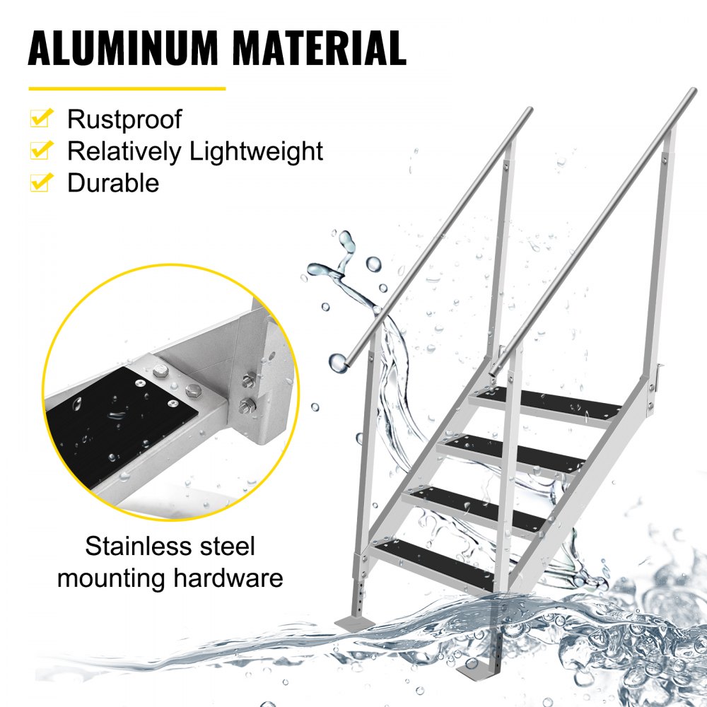 VEVOR 4 Steps Aluminum Dock Ladder, Boat Dock Ladder 558mm Wide Step, Aluminum Boat Ladder Removable Dock Stairs with Handrails, Welded Boarding Dock Ladder, Stainless Steel Mounting Hardware