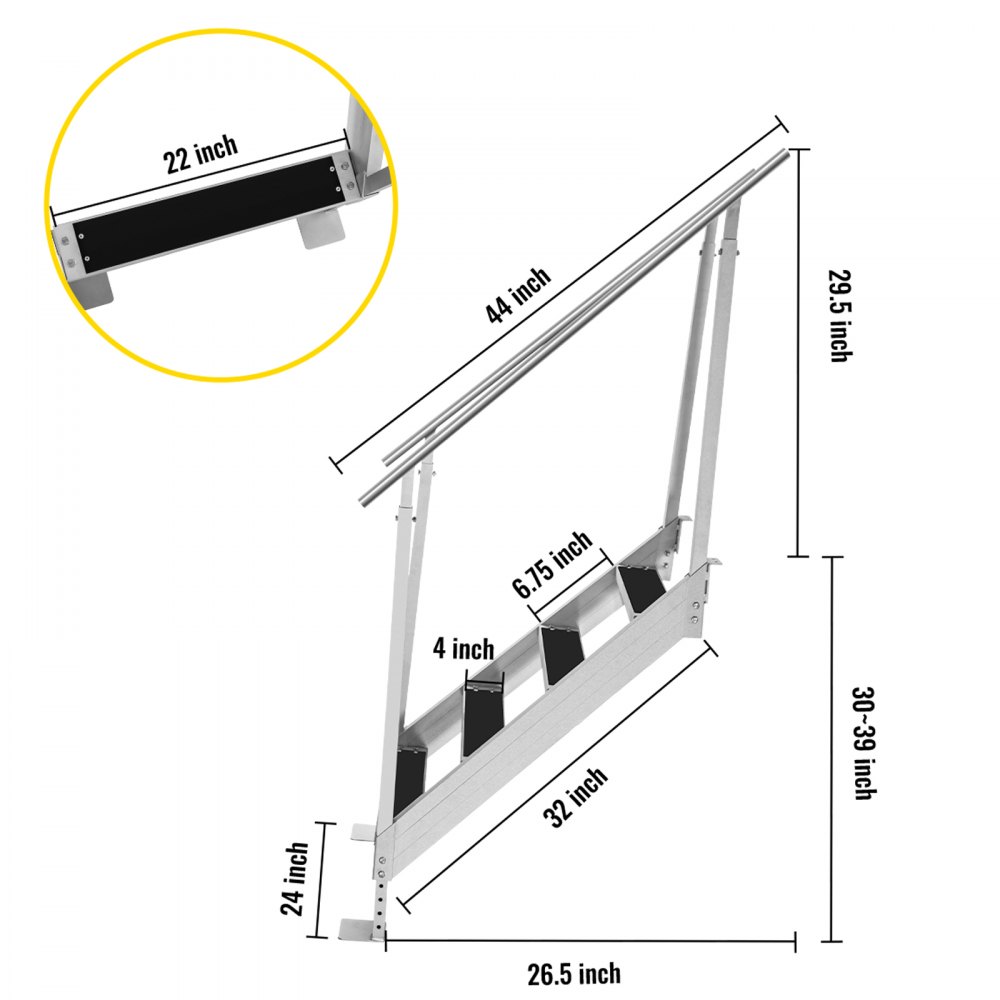 VEVOR 4 Steps Aluminum Dock Ladder, Boat Dock Ladder 558mm Wide Step, Aluminum Boat Ladder Removable Dock Stairs with Handrails, Welded Boarding Dock Ladder, Stainless Steel Mounting Hardware