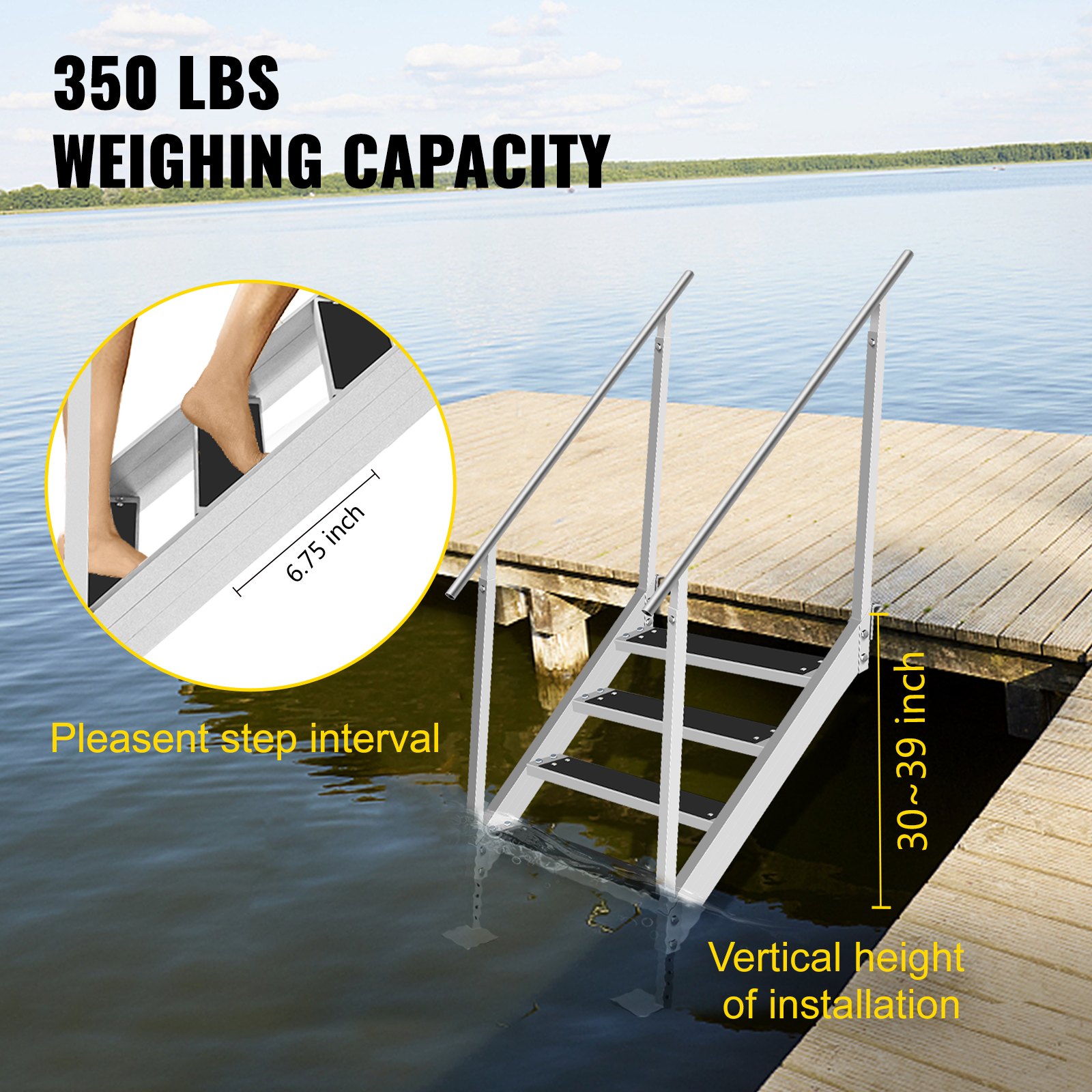 VEVOR 4 Steps Aluminum Dock Ladder, Boat Dock Ladder 558mm Wide Step, Aluminum Boat Ladder Removable Dock Stairs with Handrails, Welded Boarding Dock Ladder, Stainless Steel Mounting Hardware