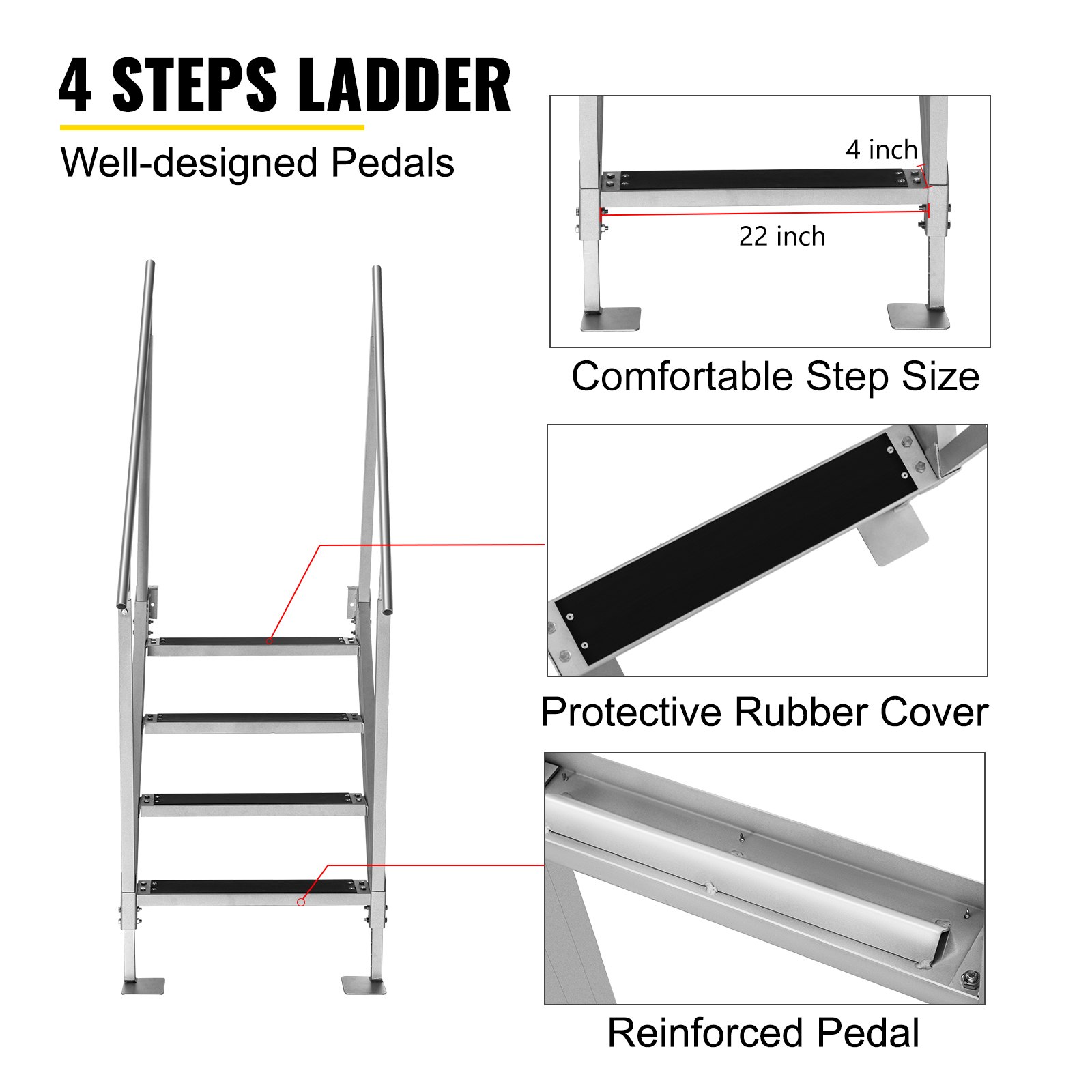 VEVOR 4 Steps Aluminum Dock Ladder, Boat Dock Ladder 558mm Wide Step, Aluminum Boat Ladder Removable Dock Stairs with Handrails, Welded Boarding Dock Ladder, Stainless Steel Mounting Hardware