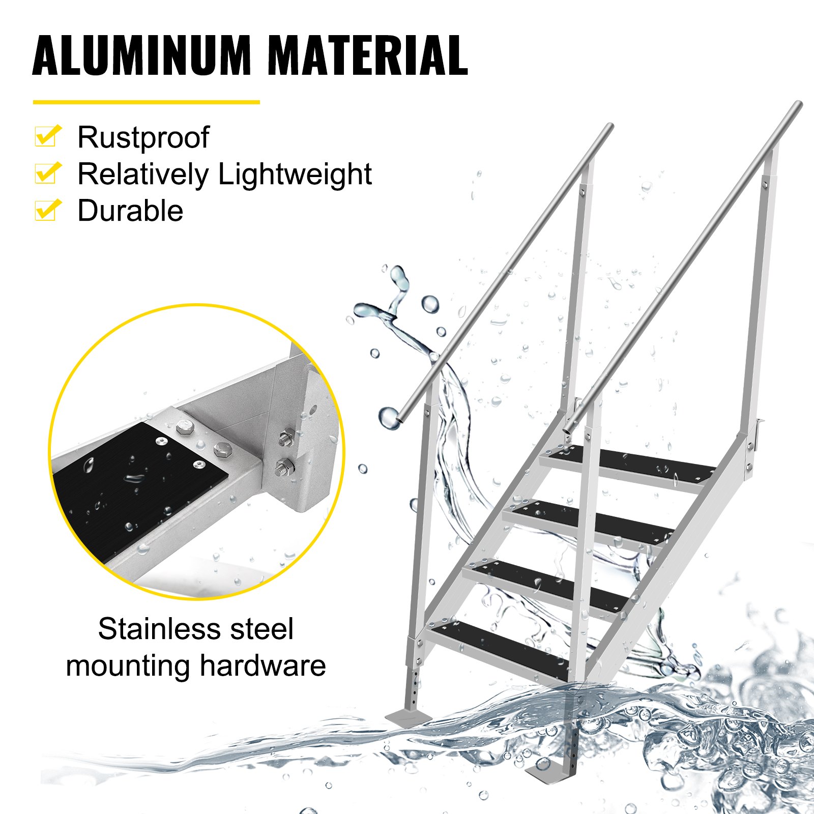VEVOR 4 Steps Aluminum Dock Ladder, Boat Dock Ladder 558mm Wide Step, Aluminum Boat Ladder Removable Dock Stairs with Handrails, Welded Boarding Dock Ladder, Stainless Steel Mounting Hardware