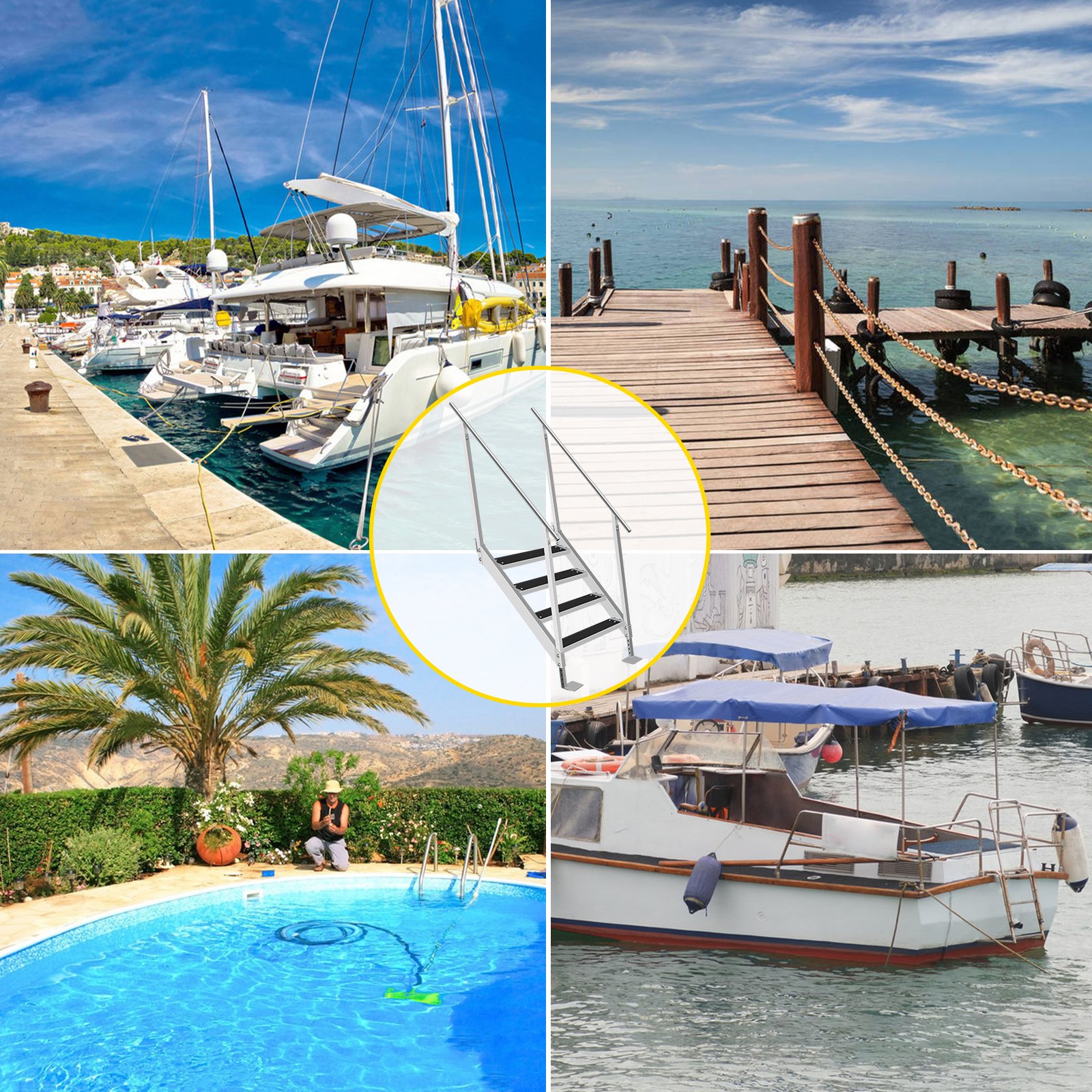 VEVOR 4 Steps Aluminum Dock Ladder, Boat Dock Ladder 558mm Wide Step, Aluminum Boat Ladder Removable Dock Stairs with Handrails, Welded Boarding Dock Ladder, Stainless Steel Mounting Hardware