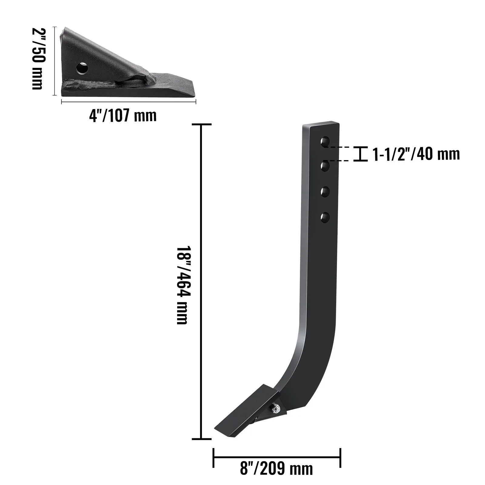 VEVOR box blade shank with dimensions: 18&quot;/464mm height and 8&quot;/209mm width.