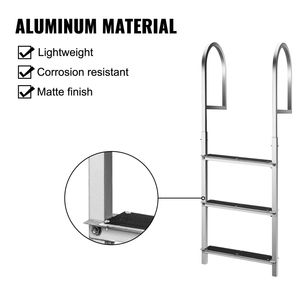 Escalera de muelle VEVOR con alfombrilla de goma, escalera de barco de pontón de aluminio de 3 peldaños, cada escalón de 18 x 4 pulgadas, escalera de natación de 330 libras de carga, para lago, embarque marino, piscina