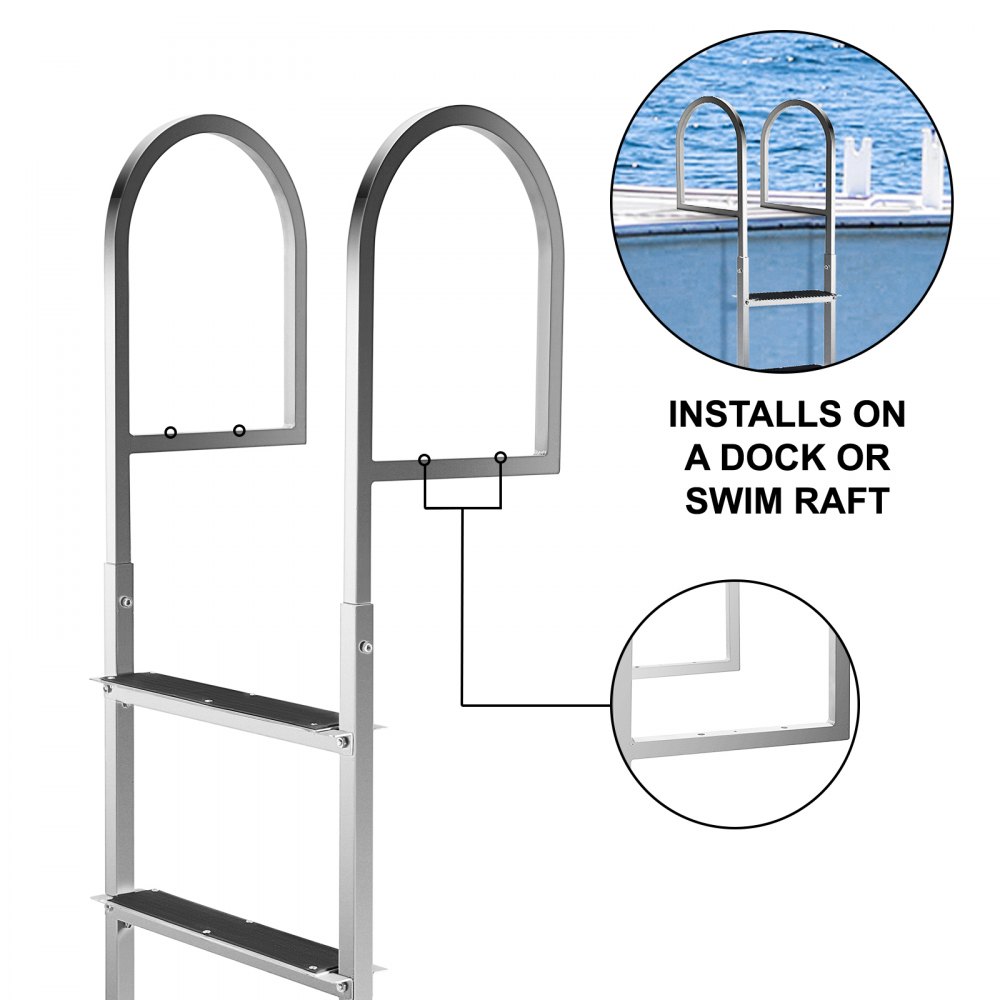 Escalera de muelle VEVOR con alfombrilla de goma, escalera de barco de pontón de aluminio de 3 peldaños, cada escalón de 18 x 4 pulgadas, escalera de natación de 330 libras de carga, para lago, embarque marino, piscina