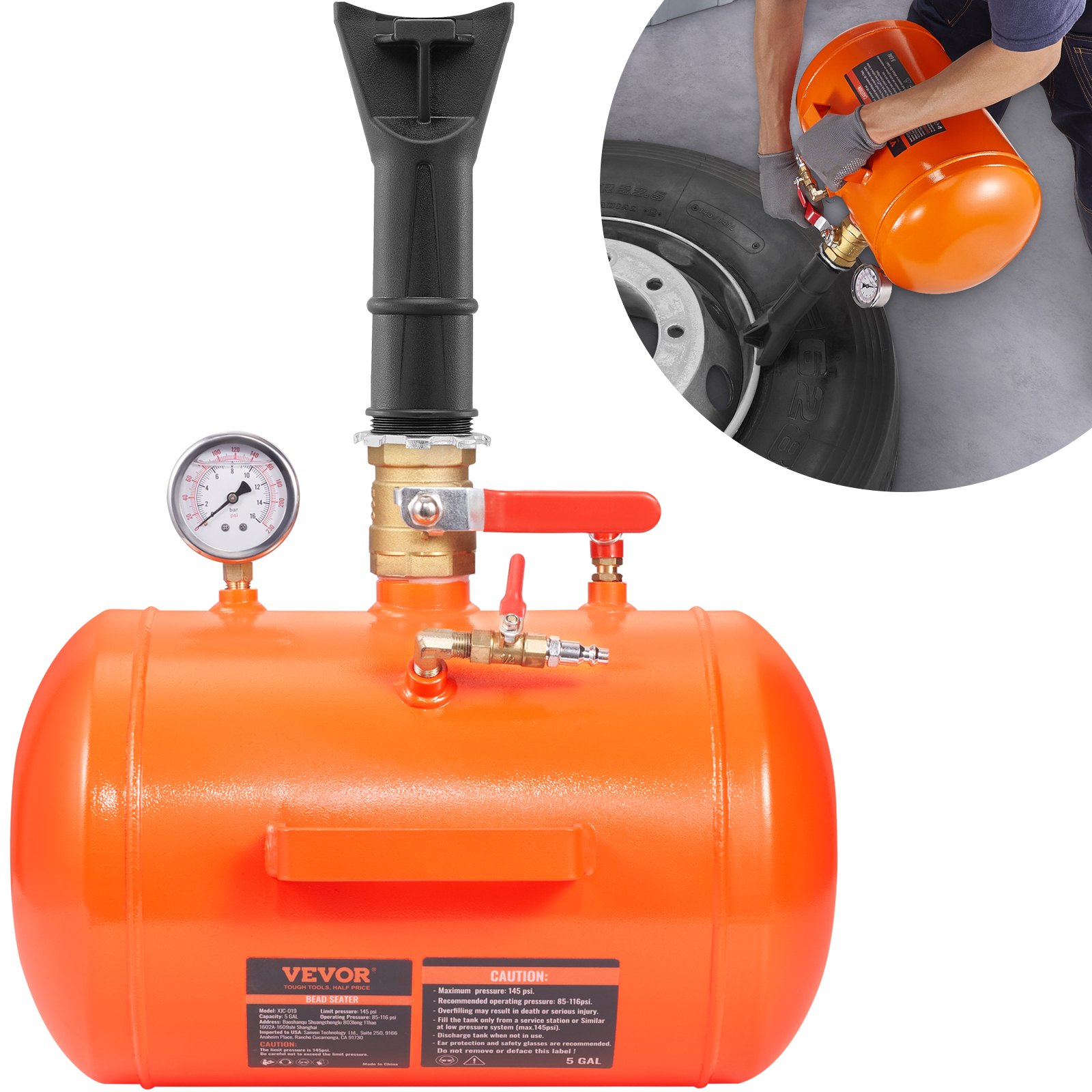 VEVOR Tire Bead Seater, 5 Gal/19L Air Tire Bead Blaster with Pressure Gauge & Handle, 145 PSI Seating Tool Inflator Tank, 85-116 PSI Operating Pressure for Car Truck ATV
