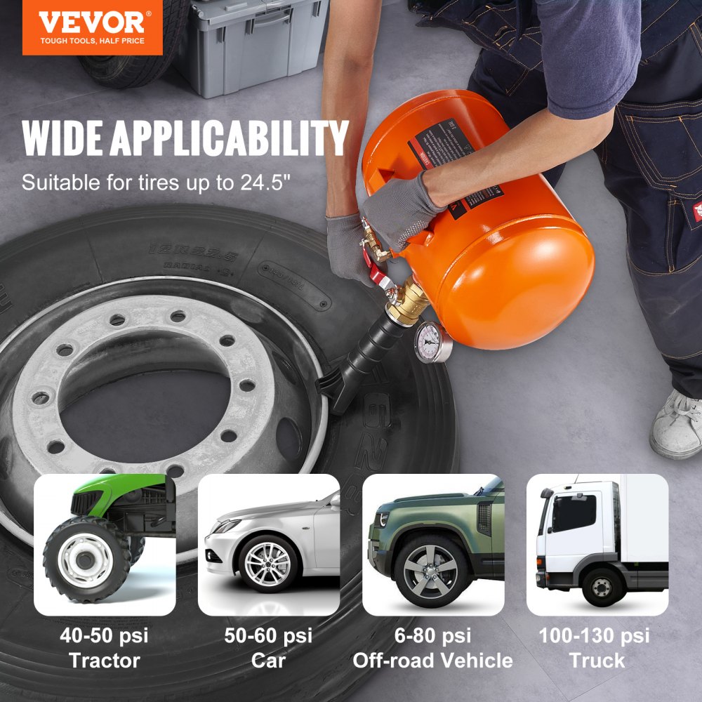 VEVOR Tire Bead Blaster, 5 Gal/19L, Includes Pressure Gauge & Handle, 145 PSI, Suitable for Seating Tires on Cars, Trucks, ATVs with 85-116 PSI Operating Range