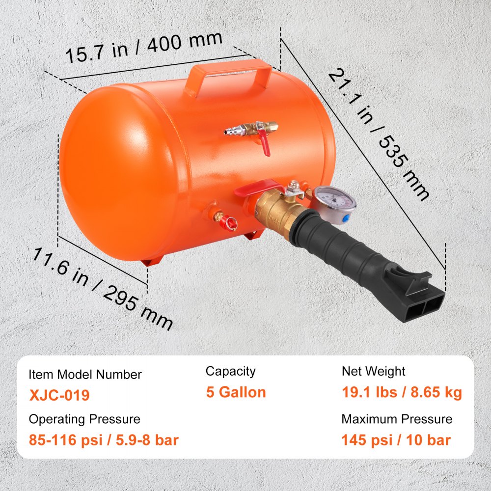 VEVOR Tire Bead Blaster, 5 Gal/19L, Includes Pressure Gauge & Handle, 145 PSI, Suitable for Seating Tires on Cars, Trucks, ATVs with 85-116 PSI Operating Range