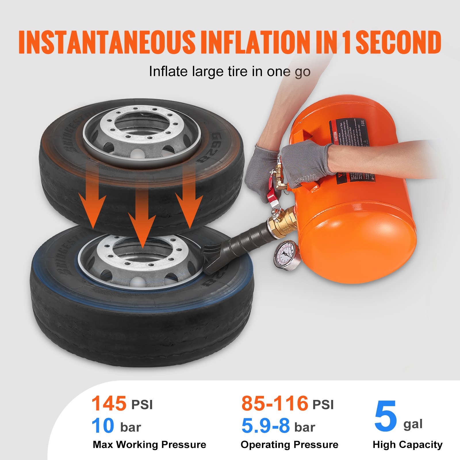 VEVOR Tire Bead Blaster, 5 Gal/19L, Includes Pressure Gauge & Handle, 145 PSI, Suitable for Seating Tires on Cars, Trucks, ATVs with 85-116 PSI Operating Range