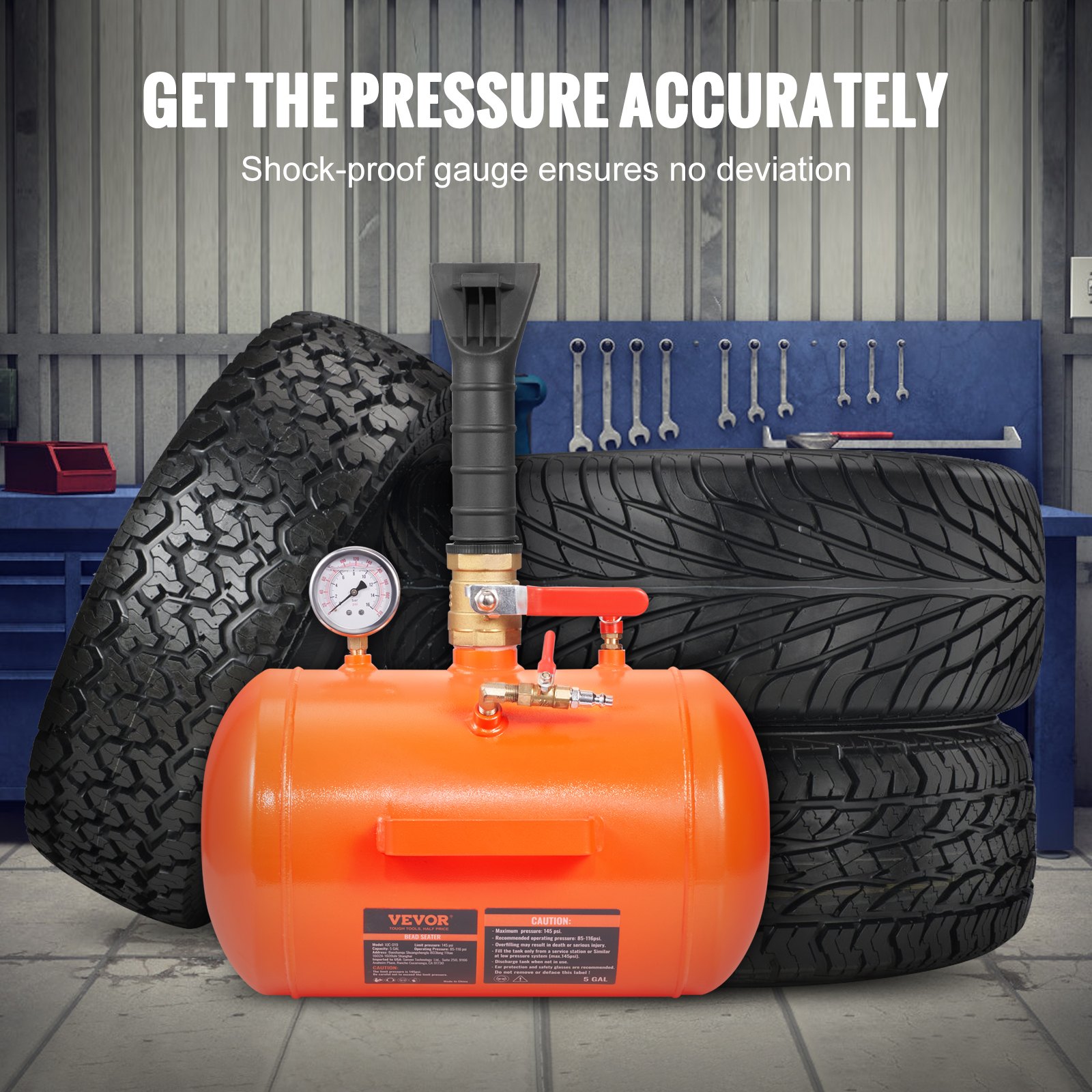 VEVOR Tire Bead Blaster, 5 Gal/19L, Includes Pressure Gauge & Handle, 145 PSI, Suitable for Seating Tires on Cars, Trucks, ATVs with 85-116 PSI Operating Range