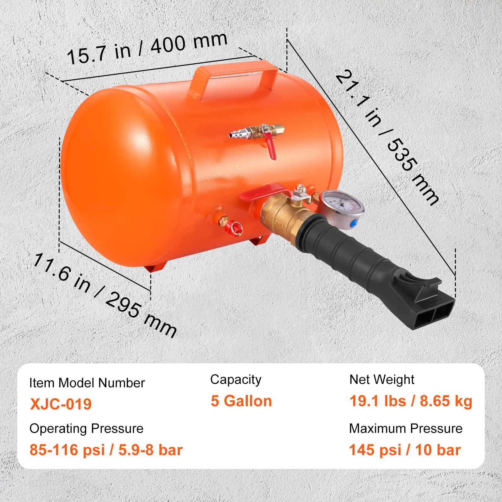 VEVOR Tire Bead Blaster, 5 Gal/19L, Includes Pressure Gauge & Handle, 145 PSI, Suitable for Seating Tires on Cars, Trucks, ATVs with 85-116 PSI Operating Range