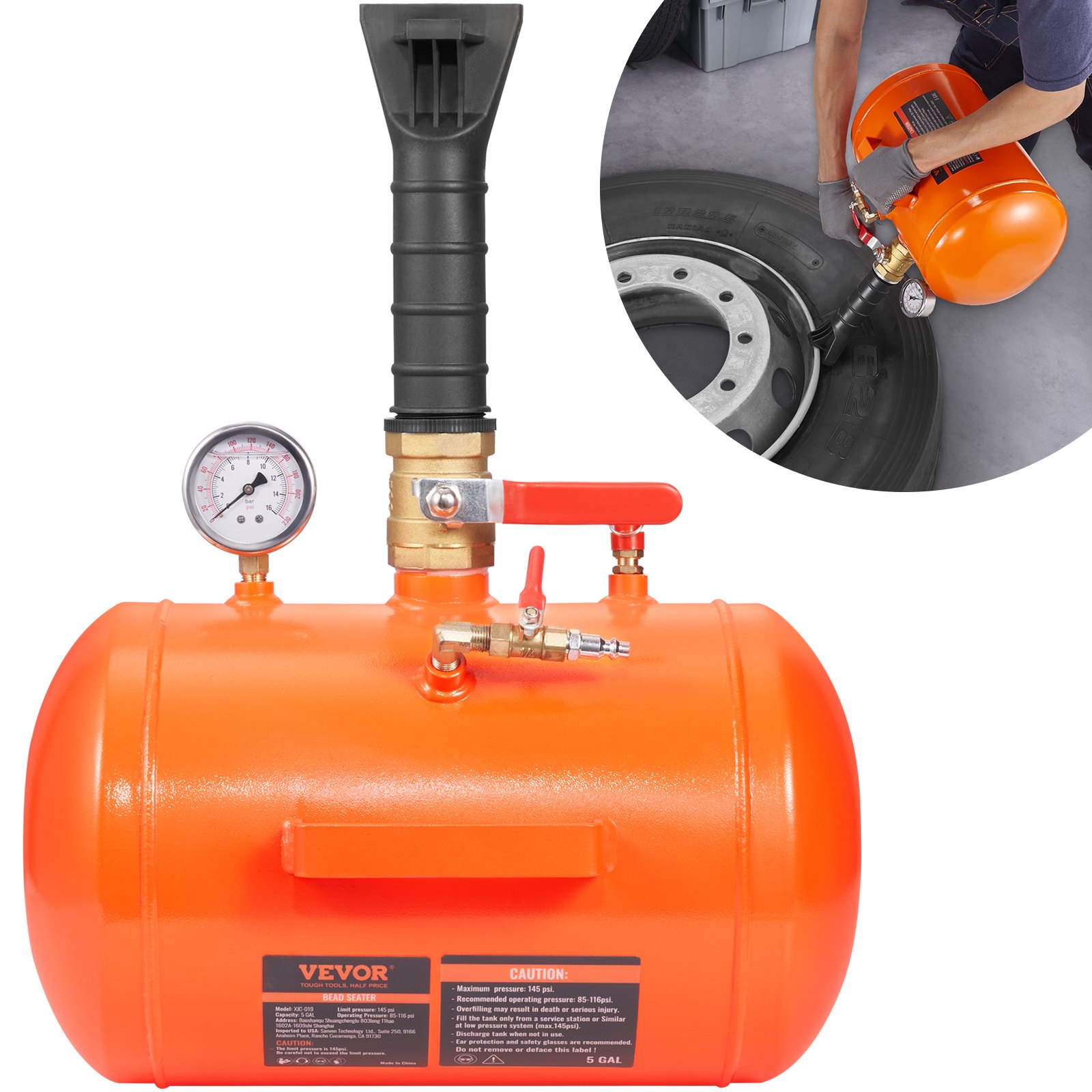 VEVOR Tire Bead Blaster, 5 Gal/19L, Includes Pressure Gauge & Handle, 145 PSI, Suitable for Seating Tires on Cars, Trucks, ATVs with 85-116 PSI Operating Range