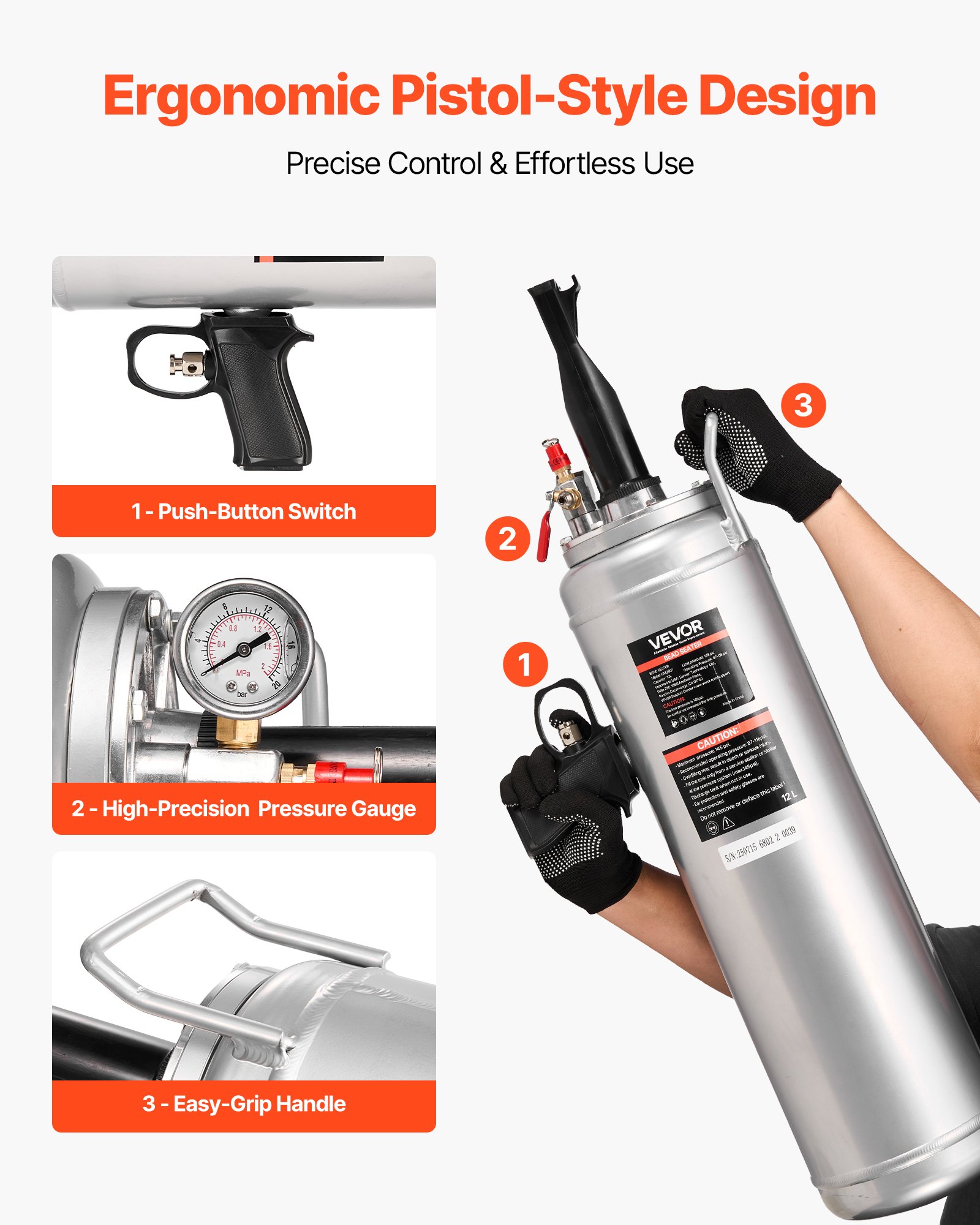 VEVOR Portable Tire Bead Seater, 3.2 Gal / 12 L Air Bead Blaster, Handheld Tire Inflator Tool, 87-116 PSI Operating Pressure, Trigger Seating Inflator for Car, Compact SUV, Light Truck, E-Bike, RV, ATV