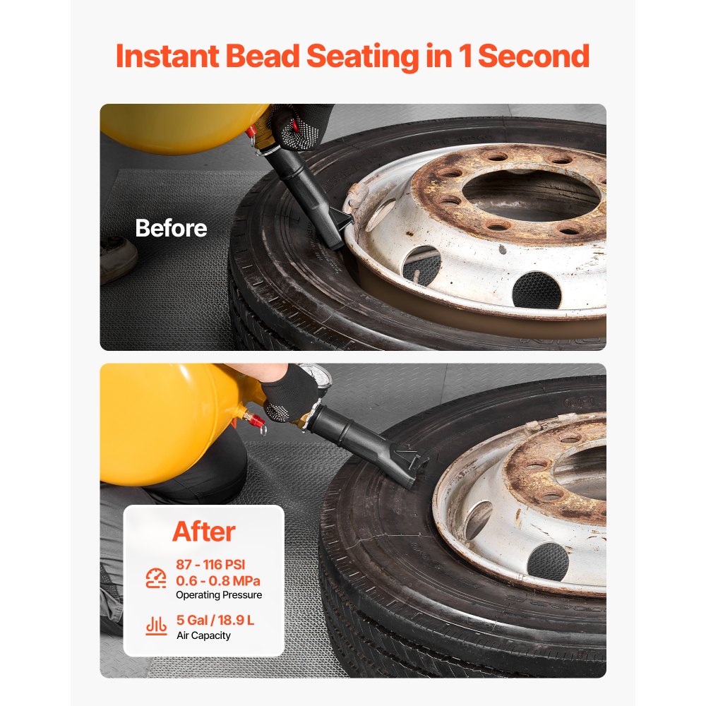 VEVOR Air Tire Bead Seater, 5 Gal / 18.9 L, Heavy Duty Tire Bead Blaster Tool, 87-116 PSI Operating Pressure, Air Trigger Seating Inflator for Pickup, Truck, ATV, Jeep, Van, Lawn Tractor, RV, Yellow