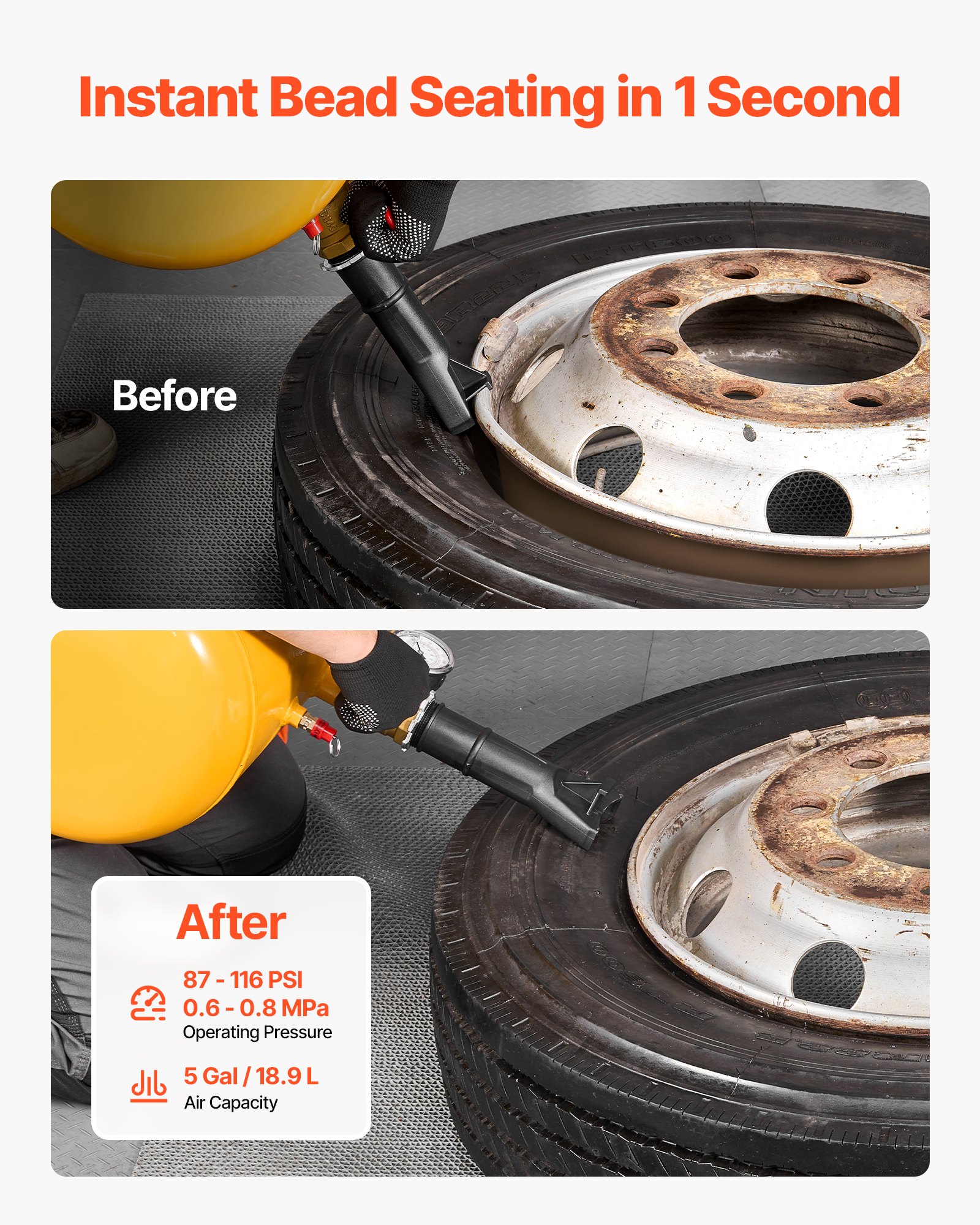 VEVOR Air Tire Bead Seater, 5 Gal / 18.9 L, Heavy Duty Tire Bead Blaster Tool, 87-116 PSI Operating Pressure, Air Trigger Seating Inflator for Pickup, Truck, ATV, Jeep, Van, Lawn Tractor, RV, Yellow