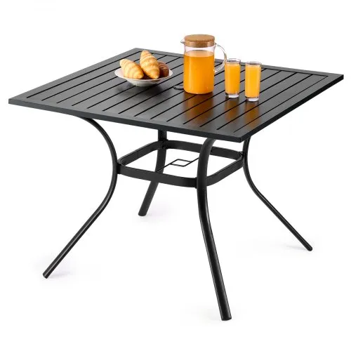 VEVOR Outdoor Patio Dining Table, 94cm Square Metal Steel Slat Backyard Bistro Tables, with 38mm Umbrella Hole, Outside All-Weather Large Furniture for Lawn Garden Porch, Black
