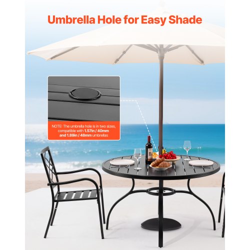 48 inch round patio table with umbrella hole Ratana Canbria 48" Dining Pangaea Solid Structure VEVOR Black Outdoor Round Table