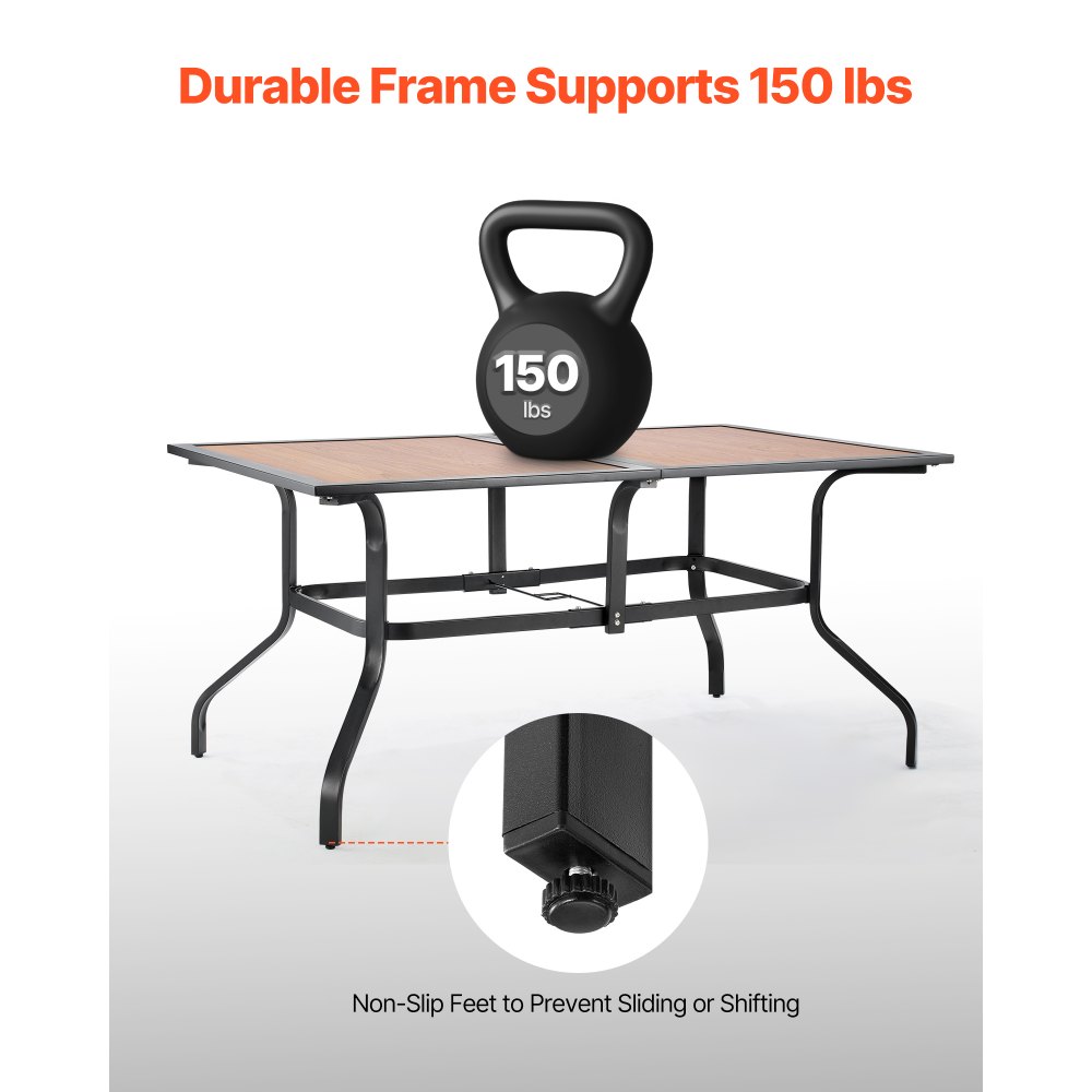 VEVOR Outdoor Patio Dining Table, 150cm Long Rectangular Wood-Like Steel Slat Backyard Bistro Tables for 4-6,  with 38mm Umbrella Hole, All-Weather Large Furniture for Lawn Garden Porch, Brown