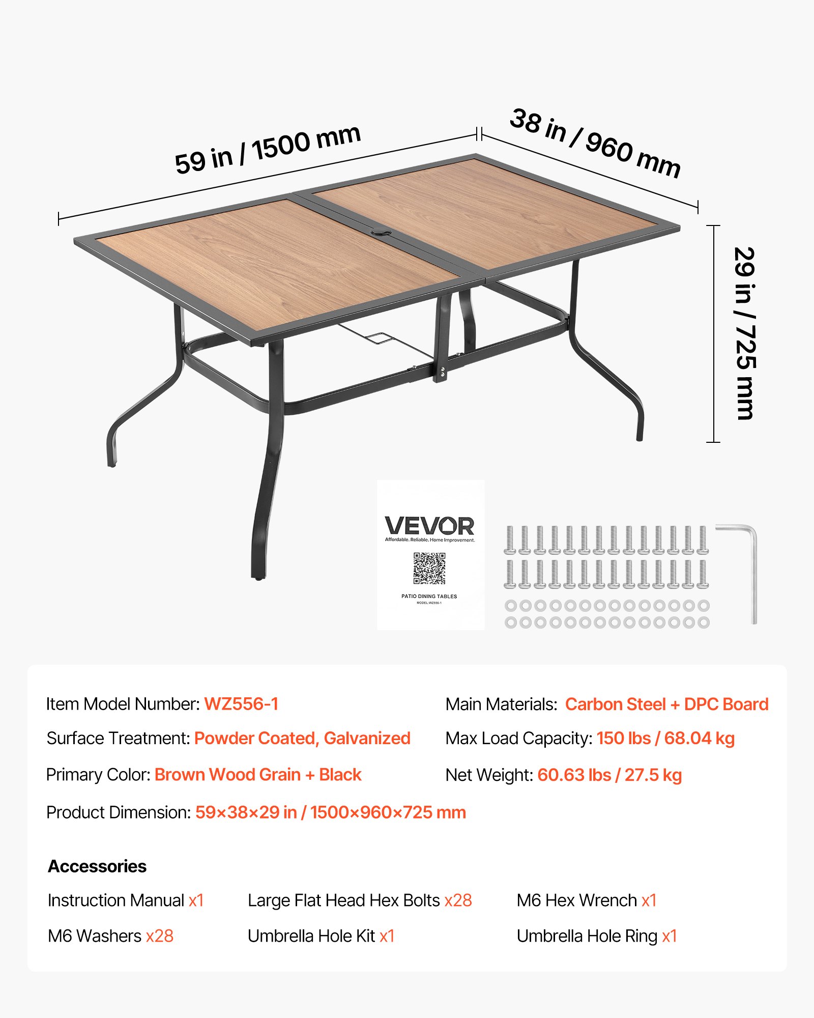 VEVOR Outdoor Patio Dining Table, 150cm Long Rectangular Wood-Like Steel Slat Backyard Bistro Tables for 4-6,  with 38mm Umbrella Hole, All-Weather Large Furniture for Lawn Garden Porch, Brown