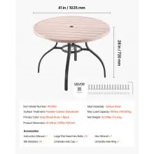 VEVOR Outdoor Patio Dining Table, 41 inch Round Wood-Like Steel Slat Backyard Bistro Coffee Tables for 4, with 1.5 in Umbrella Hole, Outside All-Weather Large Furniture for Lawn Garden Porch, Gray