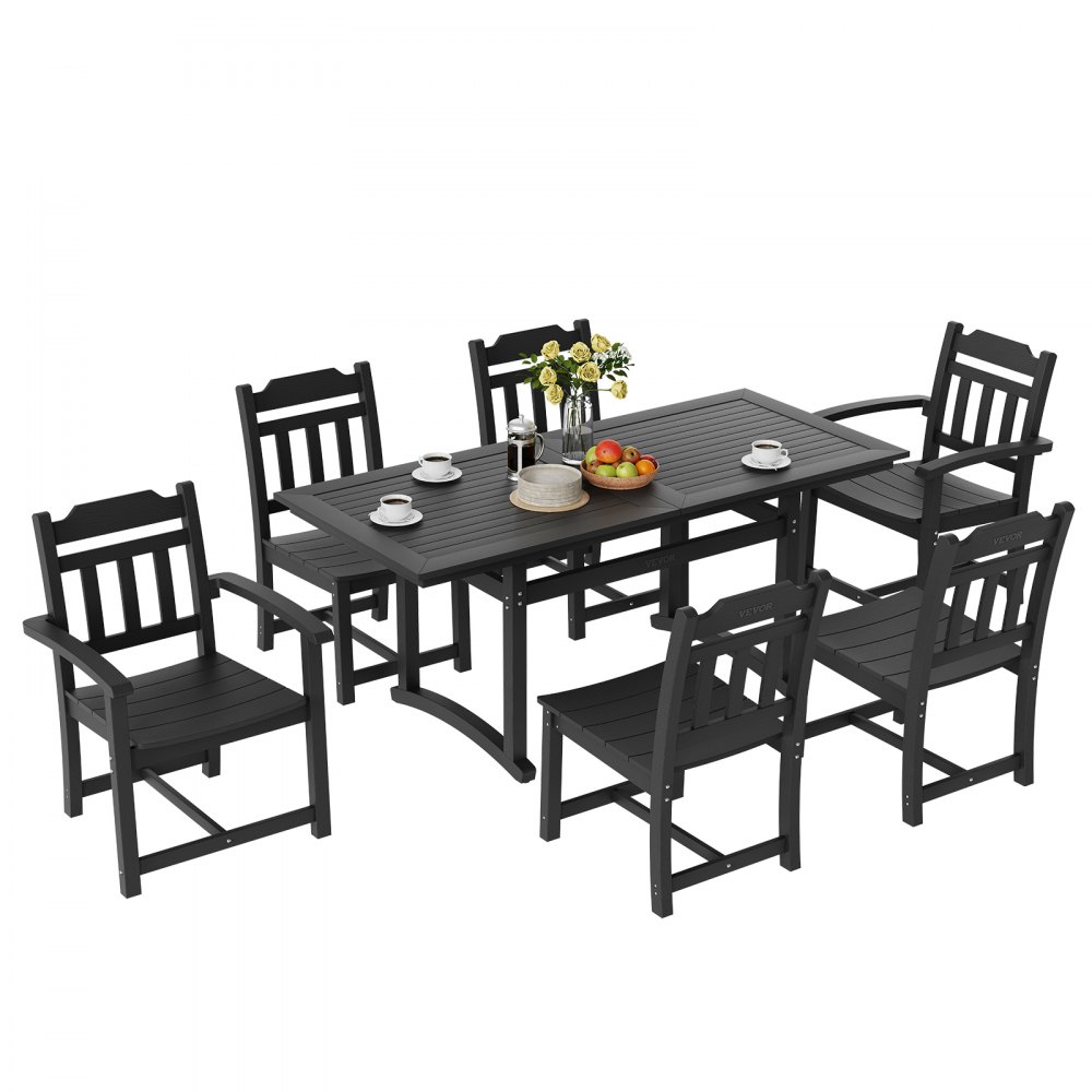 VEVOR 7 stykker uteplass spisestuesett, utendørs rektangulære møbler bord og stoler sett, allværs hagemøbler bordsett, HIPS Patio samtalesett, for plen, dekk, bakgård, bassengkant, svart