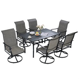 VEVOR 7 Pieces Patio Dining Set, Outdoor Furniture Table and Swivel Chairs Set, All Weather Garden Furniture Table Sets, Iron Patio Conversation Set with Umbrella Hole, For Lawn, Deck, Backyard, Black | VEVOR US