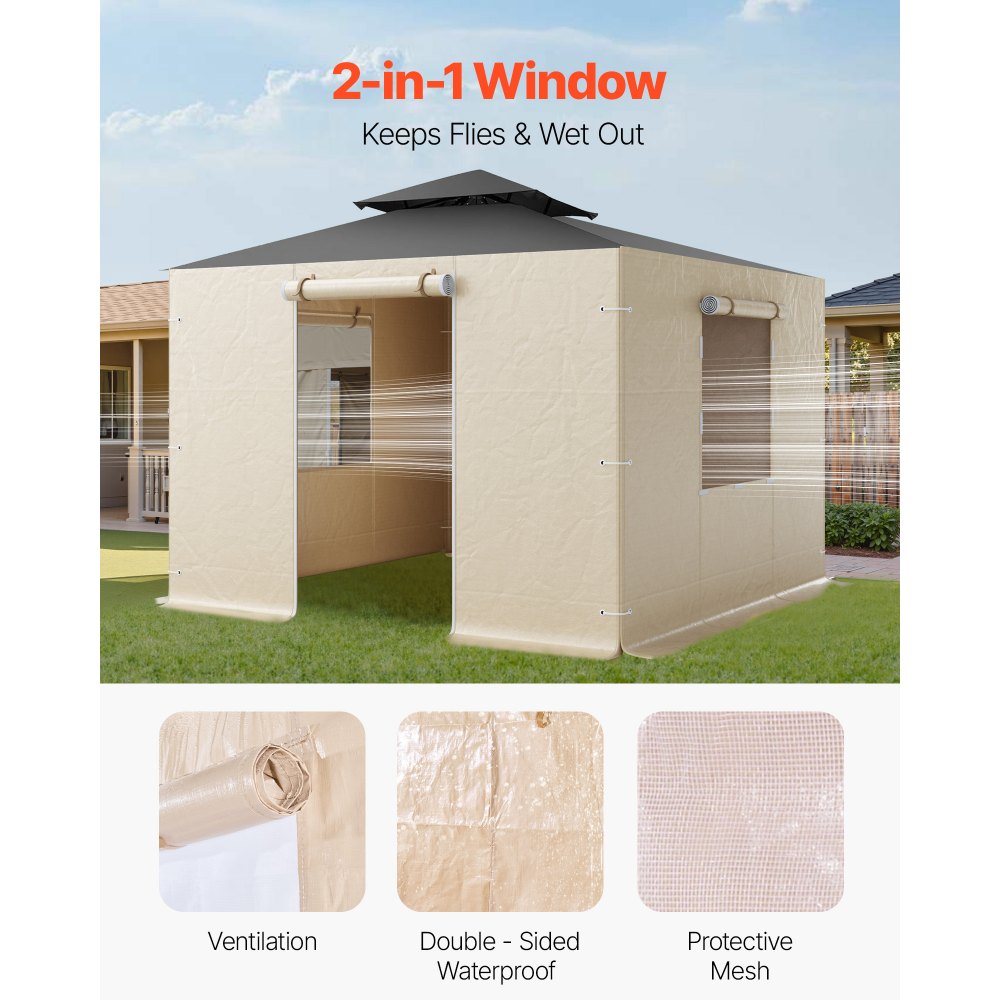 VEVOR Gazebo Sidewall Fits 10 x 10 ft Gazebos, 4-Panel Winter Cover Side Walls for Hardtop Gazebo, High-Density PE Material, All Weather Outdoor Cover with Mesh Windows, Gazebos not Included