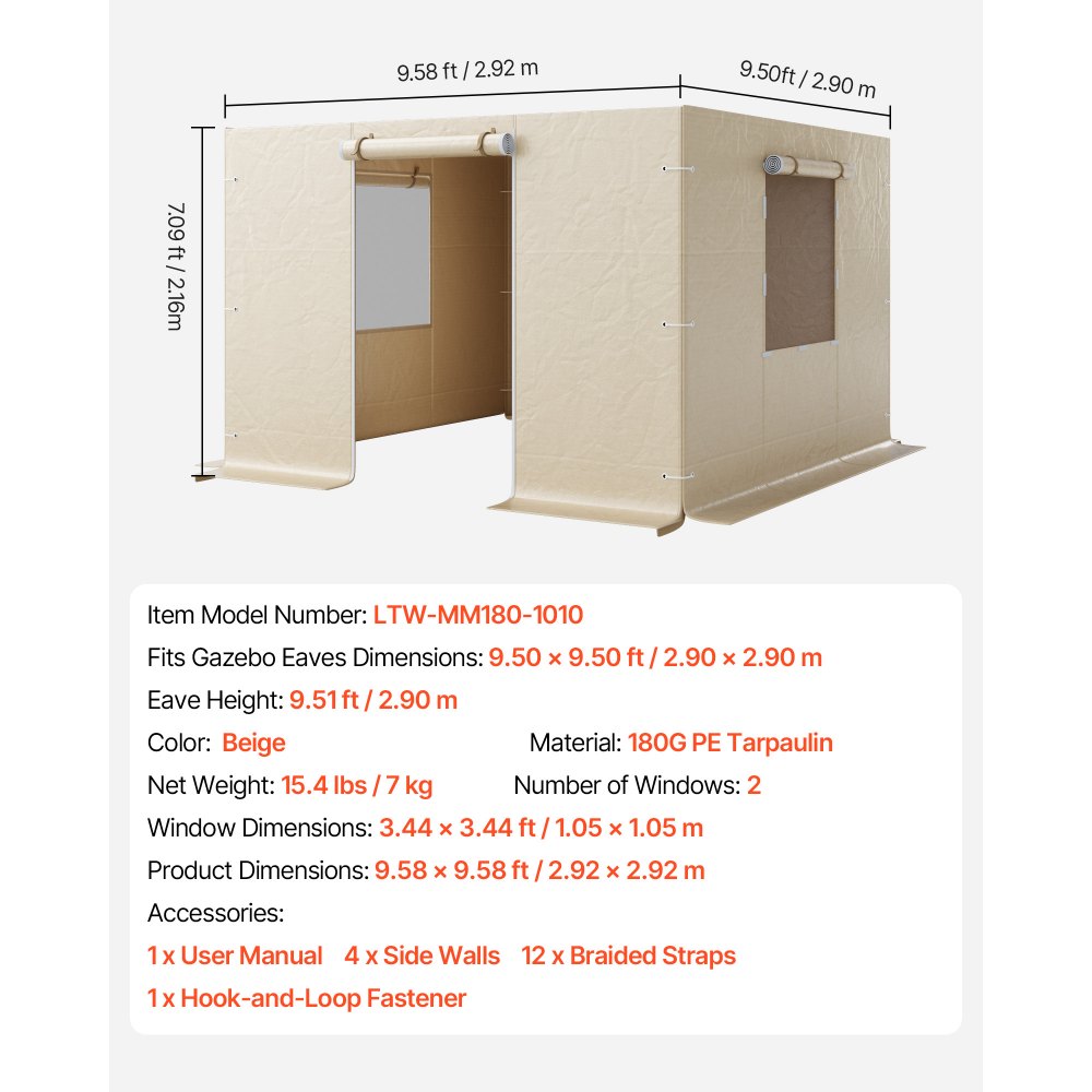 VEVOR Gazebo Sidewall Fits 10 x 10 ft Gazebos, 4-Panel Winter Cover Side Walls for Hardtop Gazebo, High-Density PE Material, All Weather Outdoor Cover with Mesh Windows, Gazebos not Included