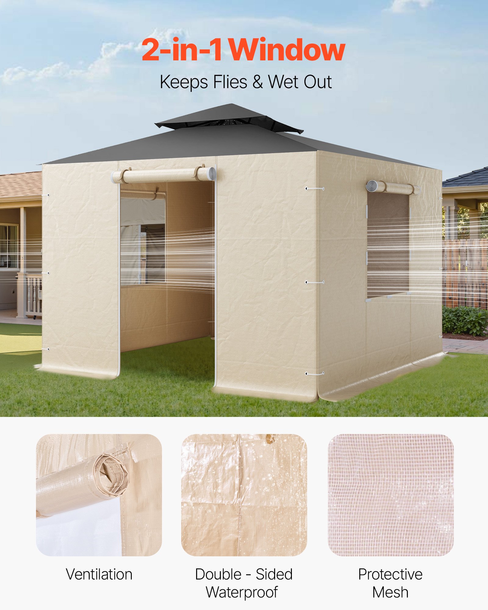 VEVOR Gazebo Sidewall Fits 10 x 10 ft Gazebos, 4-Panel Winter Cover Side Walls for Hardtop Gazebo, High-Density PE Material, All Weather Outdoor Cover with Mesh Windows, Gazebos not Included