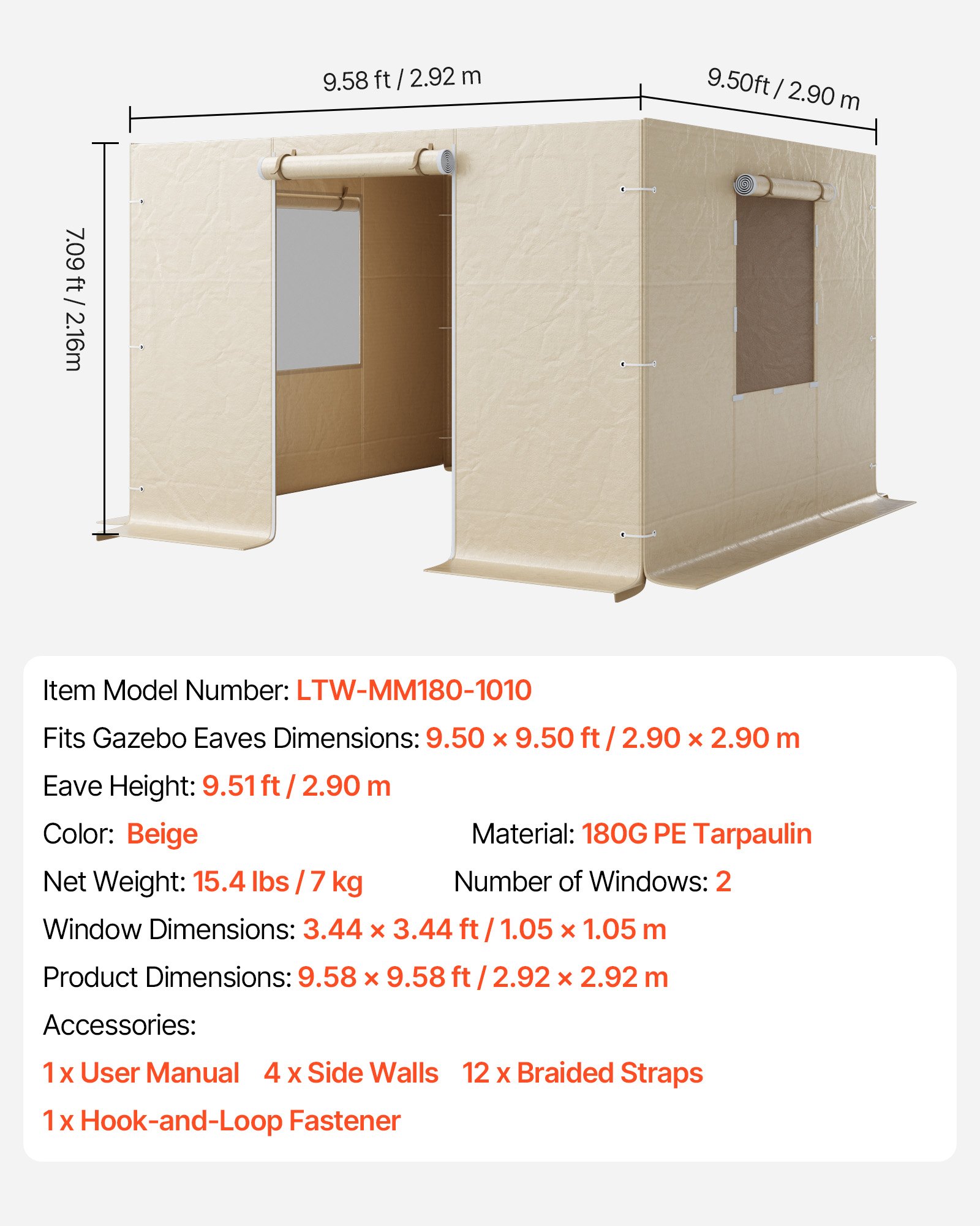 VEVOR Gazebo Sidewall Fits 10 x 10 ft Gazebos, 4-Panel Winter Cover Side Walls for Hardtop Gazebo, High-Density PE Material, All Weather Outdoor Cover with Mesh Windows, Gazebos not Included