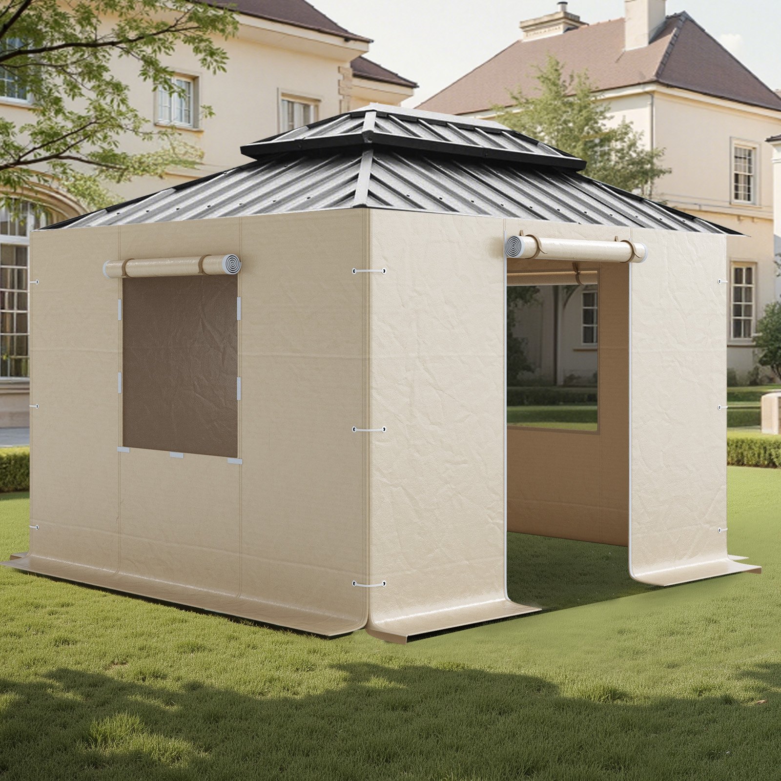 VEVOR Gazebo Sidewall Fits 10 x 10 ft Gazebos, 4-Panel Winter Cover Side Walls for Hardtop Gazebo, High-Density PE Material, All Weather Outdoor Cover with Mesh Windows, Gazebos not Included